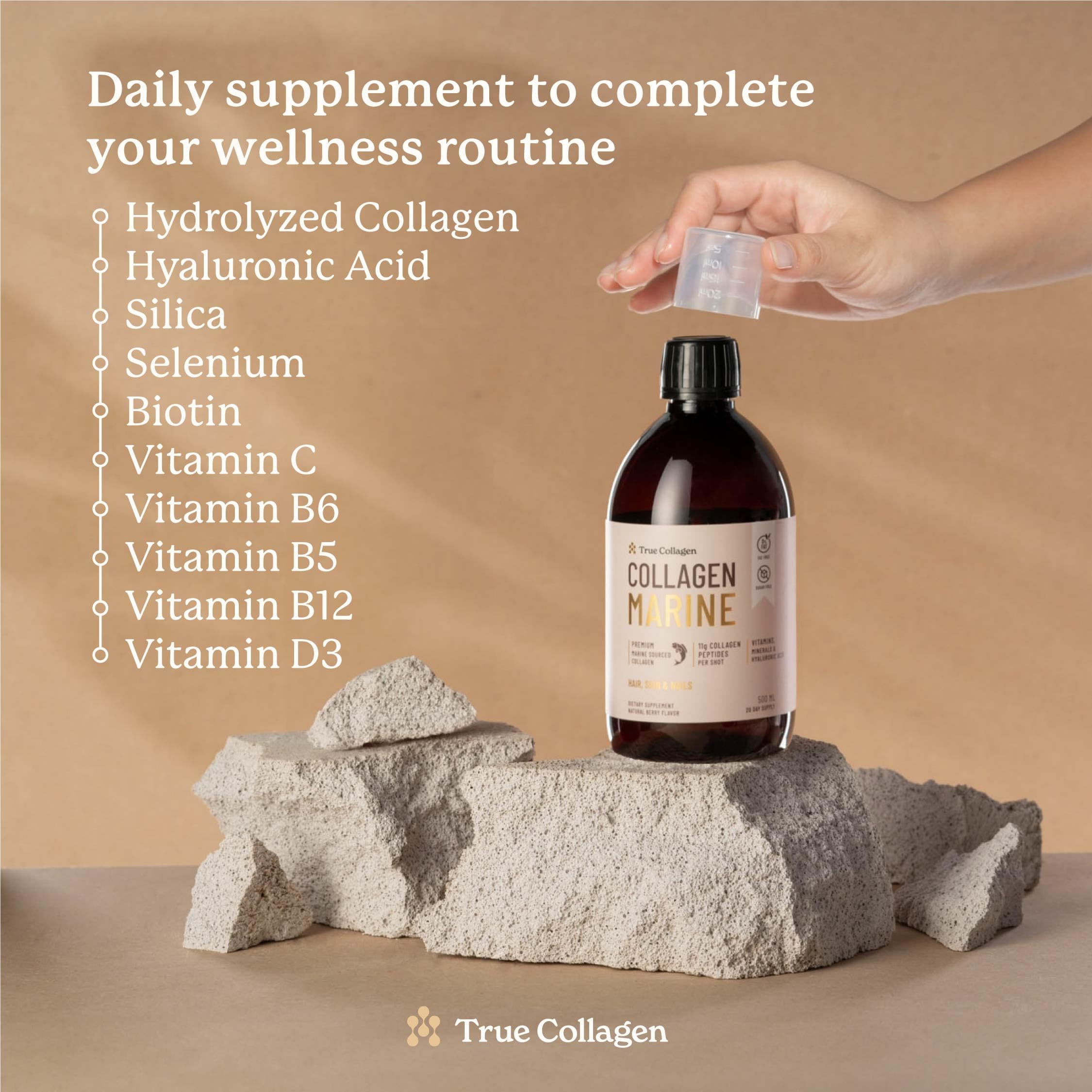 True Collagen Marine | 11,000 mg Hydrolyzed Collagen Liquid Supplement - 500 ml, 20 Day Supply | Hyaluronic Acid, Biotin and Vitamin C to Support Healthy Hair, Skin and Nails | Sugar-Free & Fat-Free