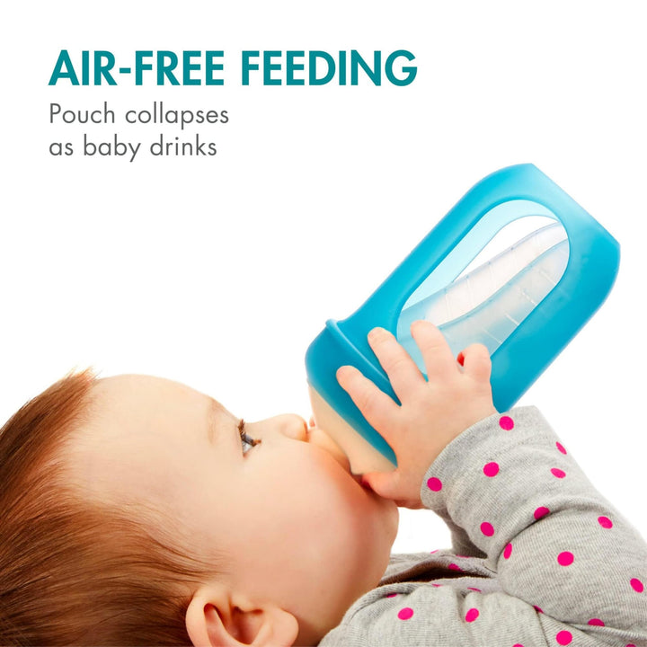 Boon Nursh Reusable Silicone Pouch Baby Bottles - Slow Flow Nipple - Silicone Baby Bottle Pouch and Nipple - Baby Feeding Essentials - Blue - 0-3 Months - 3 Count - 4 Ounce