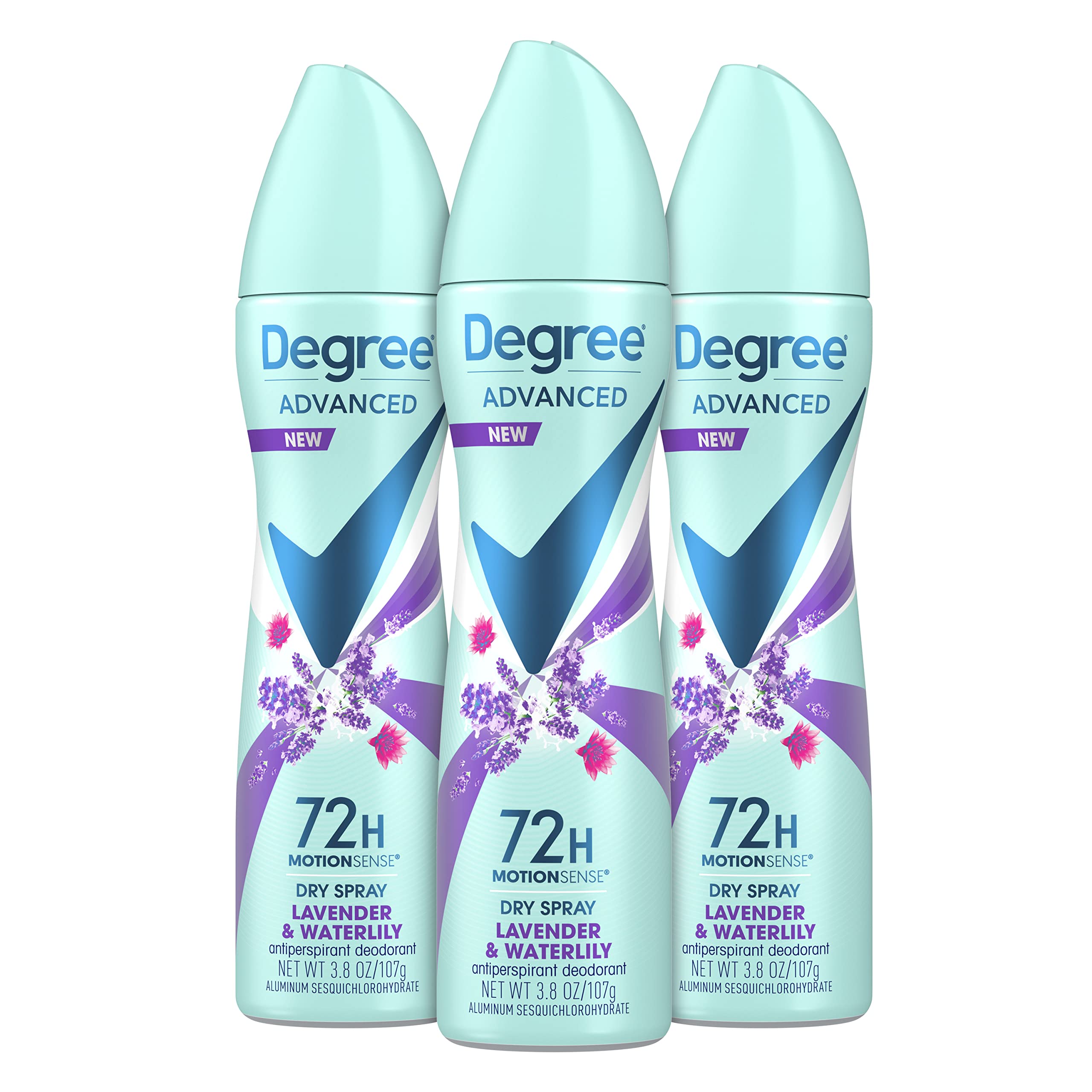 Degree Antiperspirant Deodorant Dry Spray 72-Hour Sweat and Odor Protection Lavender and Waterlily Deodorant Spray ForÃ‚ Women WithÃ‚ MotionSenseÃ‚ Technology 3.8 oz 3 Count