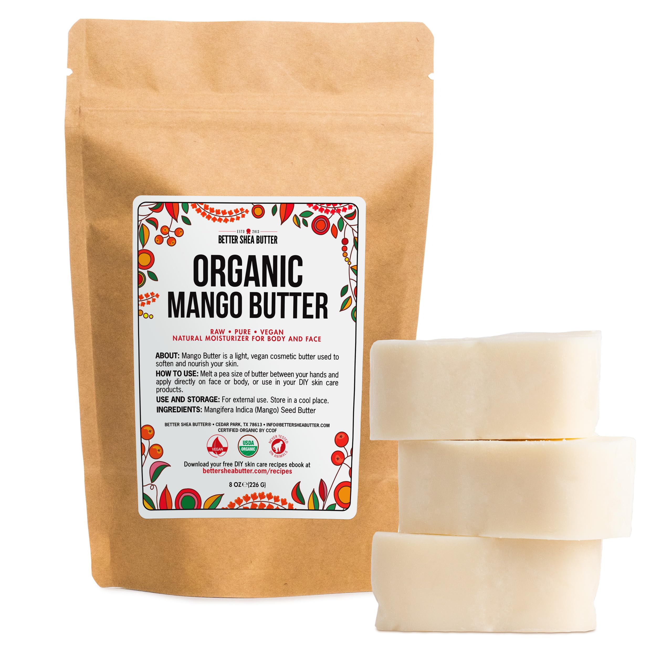 Organic Mango Butter - Raw Organic Unrefined Mango Seed Butter for Skin Care, Body Butter & Hair - Pure Mango Butter Cold Pressed for Soap Making, Mango Lotion | Natural Skin Moisturizer 8 oz