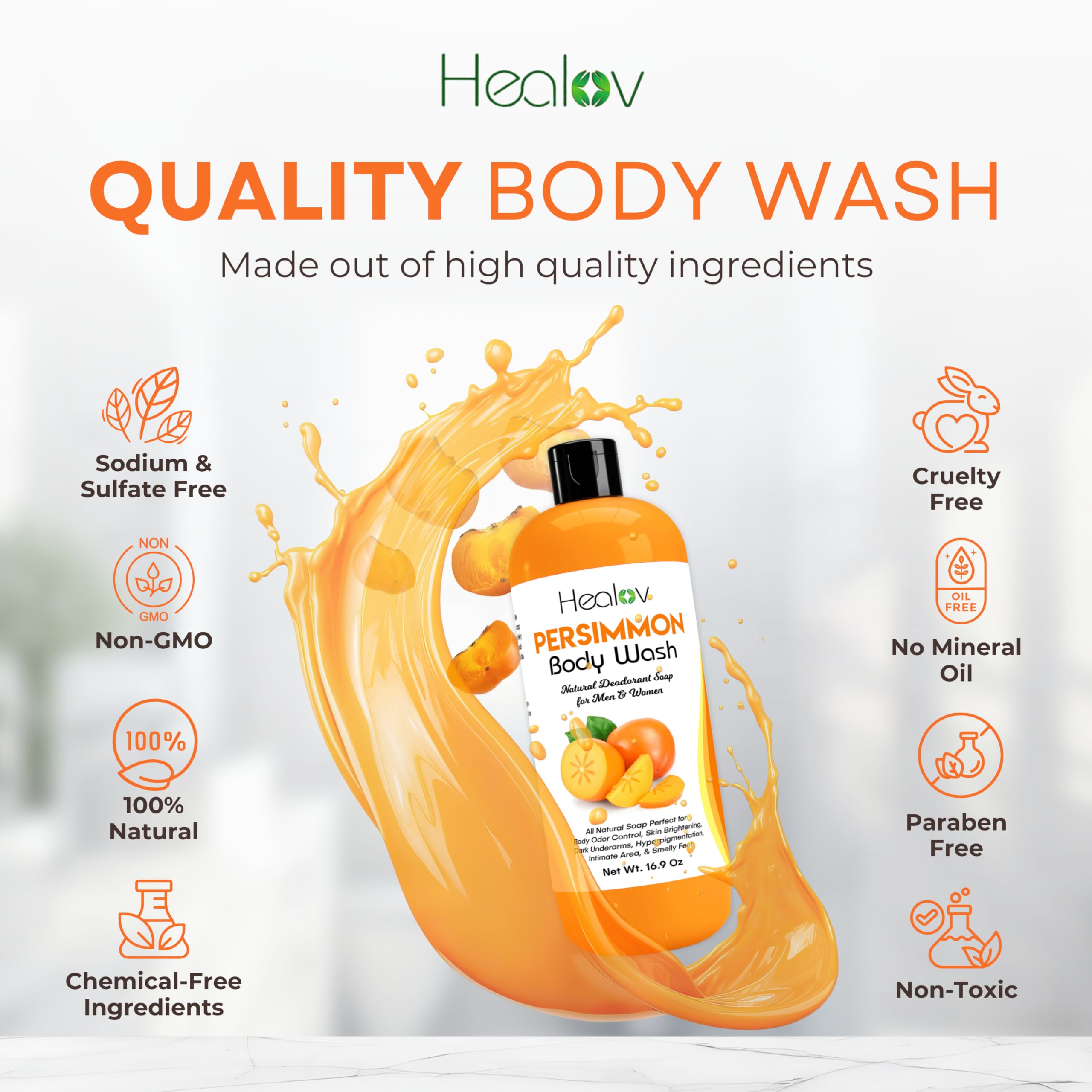 Healov Persimmon Body Wash for Body Odor Control – Purifying Deodorizing Soap for Eliminating Odor – Underarms, Intimate Inner Thigh, Bikini Area, Smelly Feet – Natural Deodorant Soap, Kids Safe