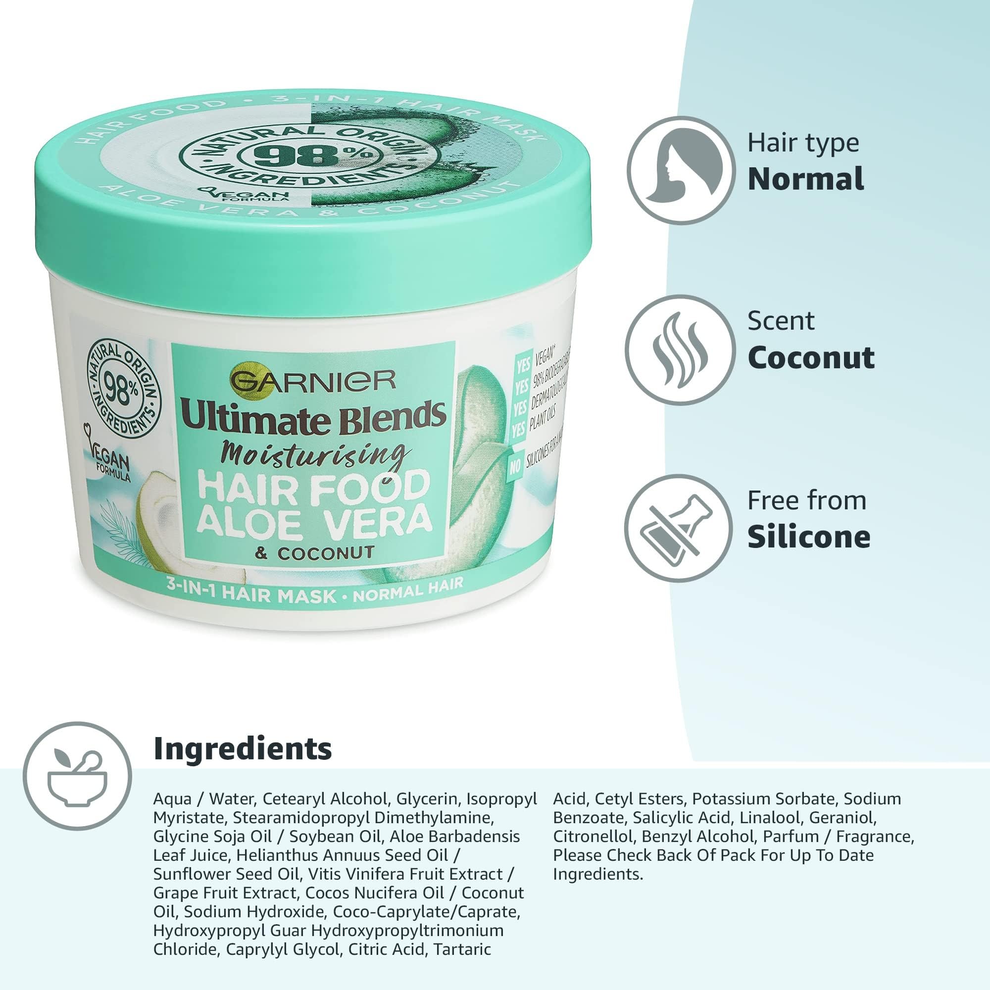Garnier Hair Food Multi-use Hair Treatment Mask, Offers 8x More Hydration, Ideal for Dehydrated hair, No Silicones, Vegan Formula, Aloe Vera, Ultimate Blends, 400ml