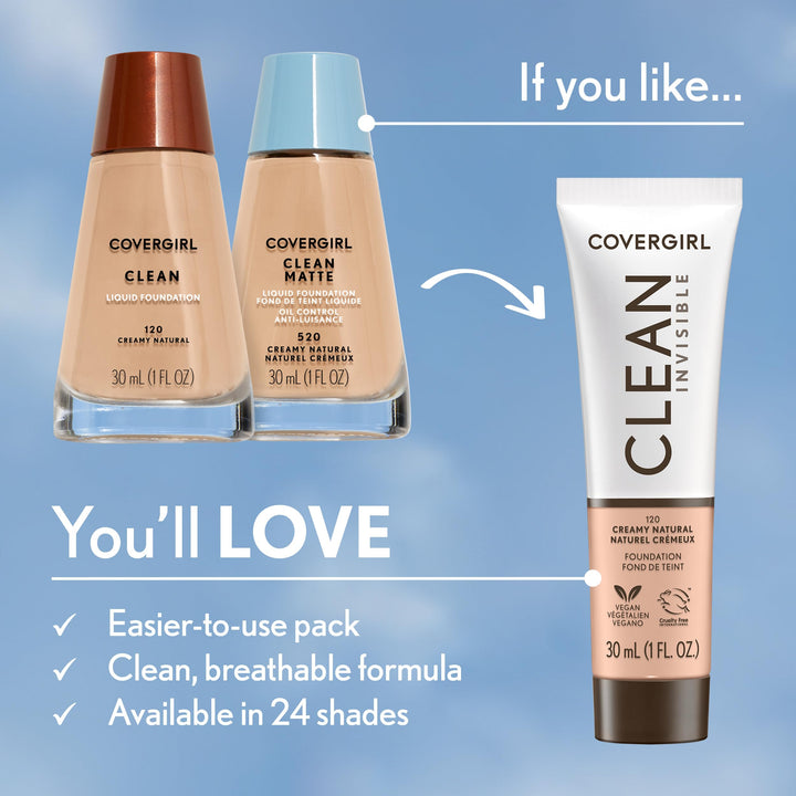 COVERGIRL Clean Invisible Foundation Makeup, Dewy & Glowy Finish, Buildable Coverage, Skin-Like Smooth Look, Vegan, Natural Beige, 1oz