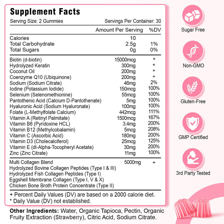 2 Pack Collagen Gummies for Women Men, Hydrolyzed Collagen Peptide Type I,II,III,V,X with Biotin, Vitamin C A B D E for Skin Hair Nails J0ints, Immunity Energy Digestion, Sugar Free, 120 Count