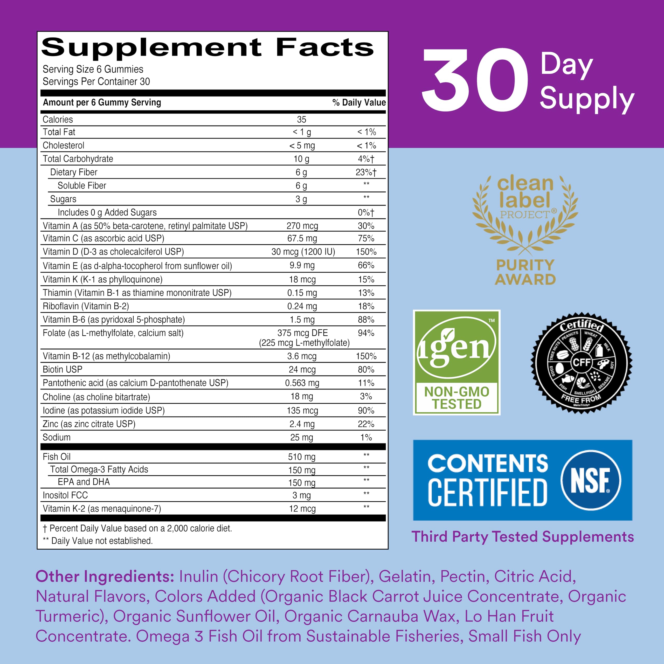 SmartyPants Fiber Supplement & Multivitamin for Men & Women: Multivitamin Fiber Gummies with Vitamin D3, C, Vitamin B12, B6, A, K & Zinc, Omega 3 Fish Oil (EPA/DHA), Biotin, 180 Count (30 Day Supply)