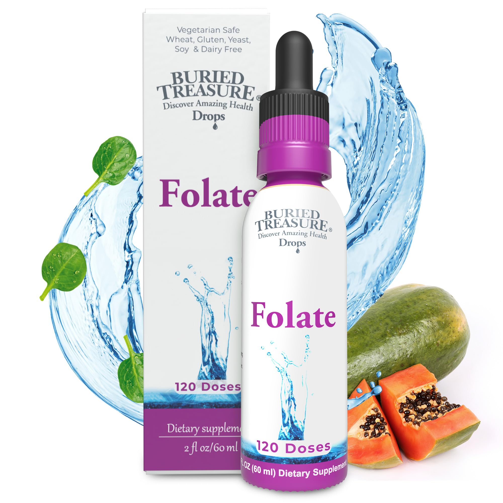 Buried Treasure Folate Drops - Methylated B-9 (Calcium L-5 Methyltetrahydrofolate), Supports Energy Production, Heart Health, and Pregnancy, 5-MTHF Supplement Vegan Safe, 120 Servings
