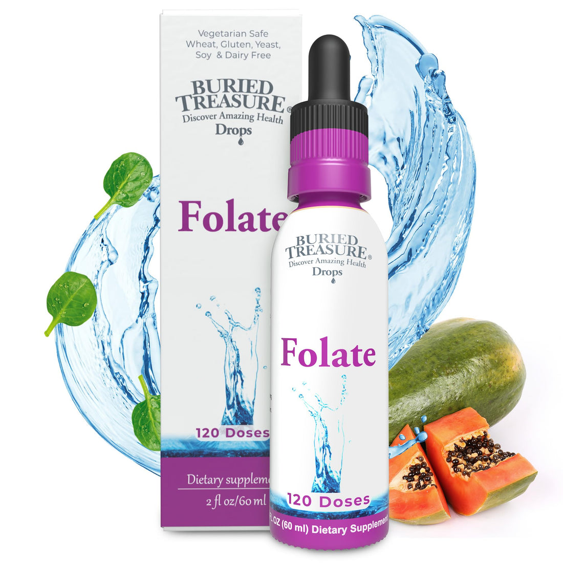 Buried Treasure Folate Drops - Methylated B-9 (Calcium L-5 Methyltetrahydrofolate), Supports Energy Production, Heart Health, and Pregnancy, 5-MTHF Supplement Vegan Safe, 120 Servings