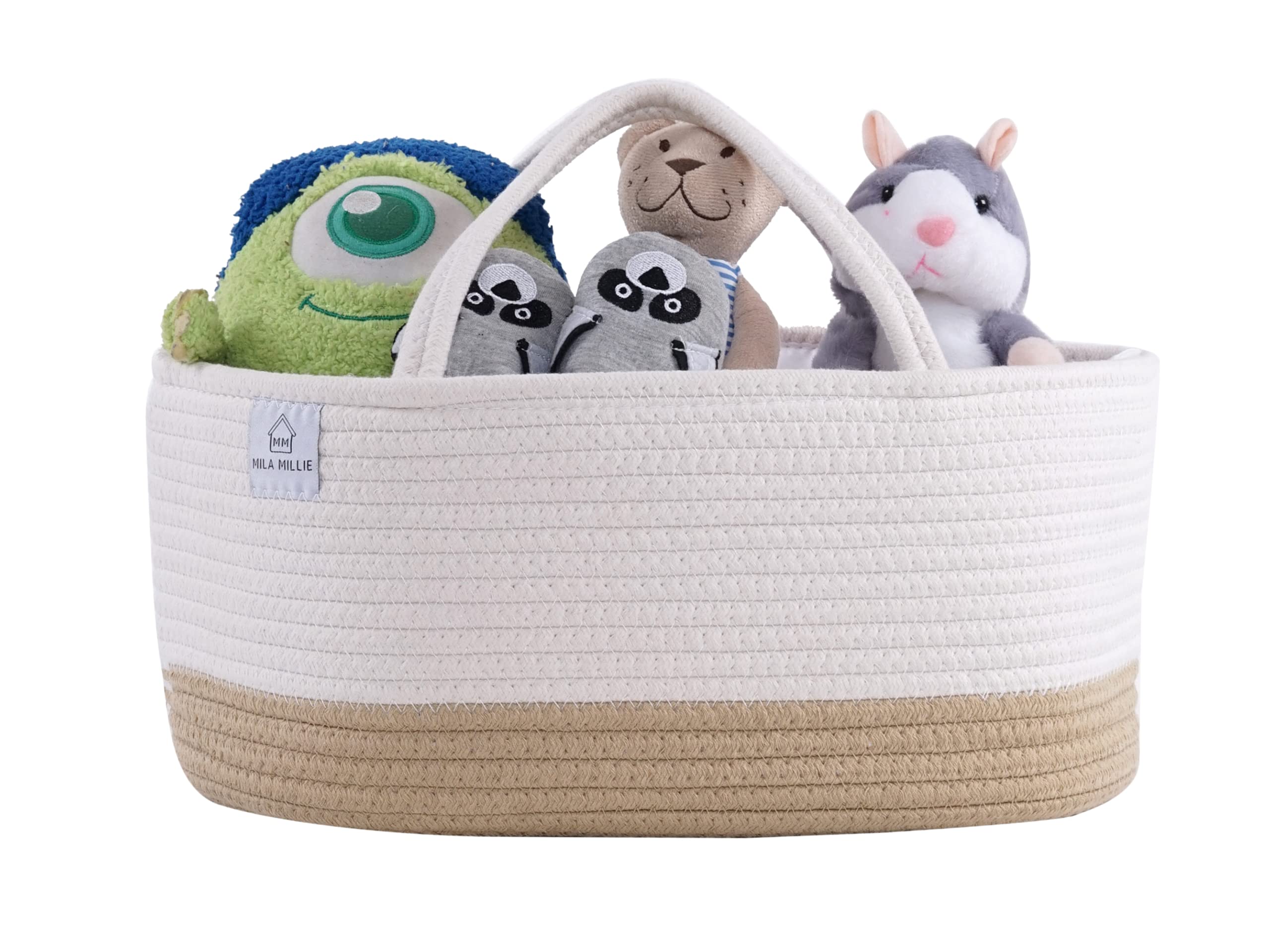 Mila Millie Baby Large Cotton Rope Diaper Caddy,Organizer Storage Bin for Nursery Essentials,100% Natural Cotton,Eco friendly (White & Biege) 15.5x10x7 Inch (Pack of 1)