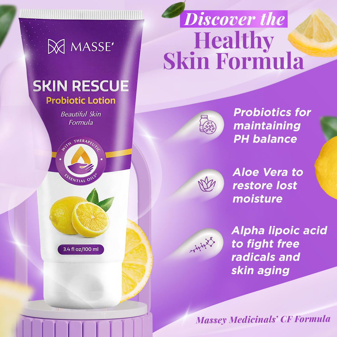 Candida Freedom Massey's Skin Rescue Probiotics Lotion - Daily lotion for Men & Women - Refreshing Lemon Scent - Non-Greasy Moisture for Smooth & Sensitive Skin - 3.4 oz