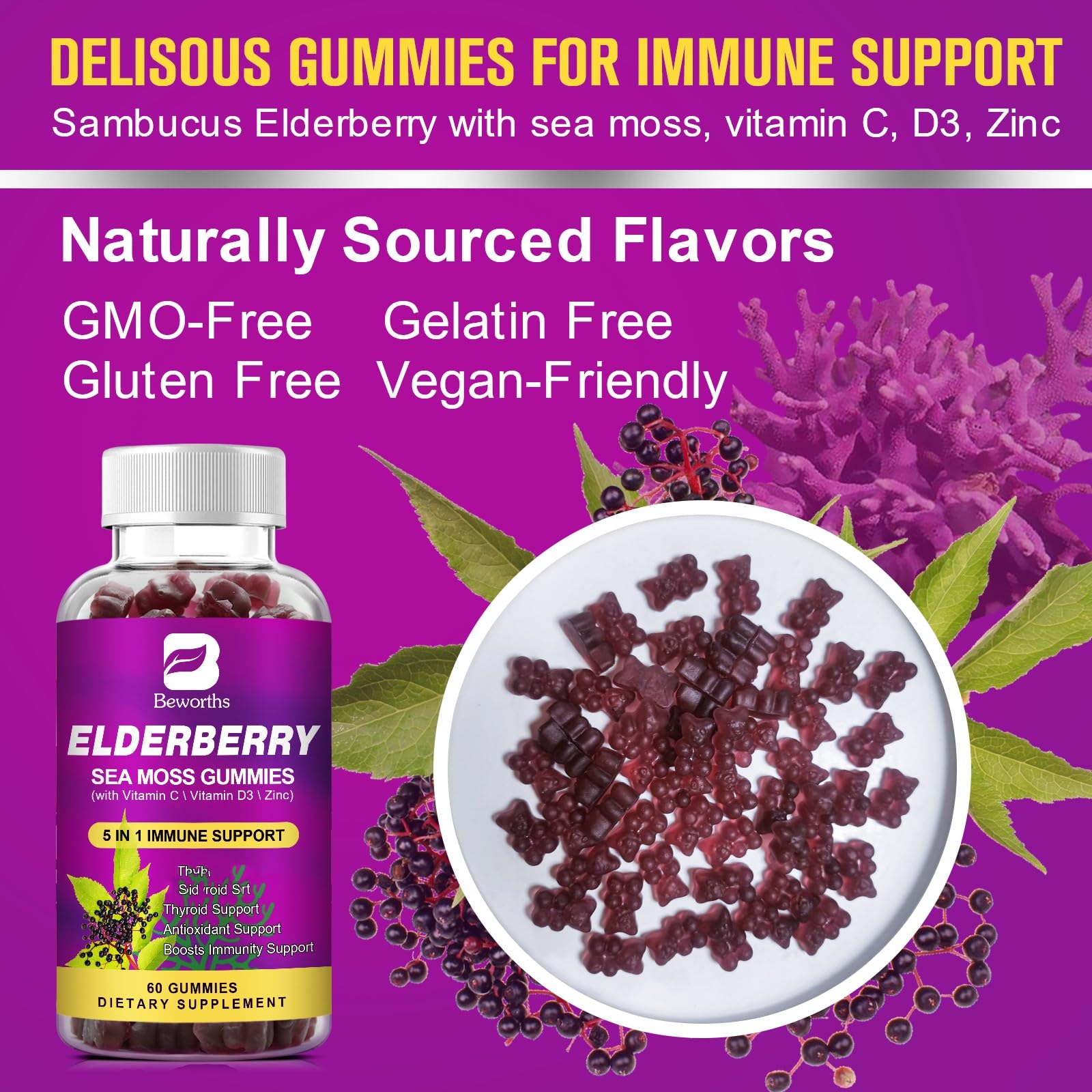 B BEWORTHS Elderberry Gummies & Irish Sea Moss, Organic Sambucus Elderberry Gummy with Seamoss, Zinc, Vitamin C, D3, Multivitamin Elderberry Vitamin & Energy Support Supplements - Sugar-Free