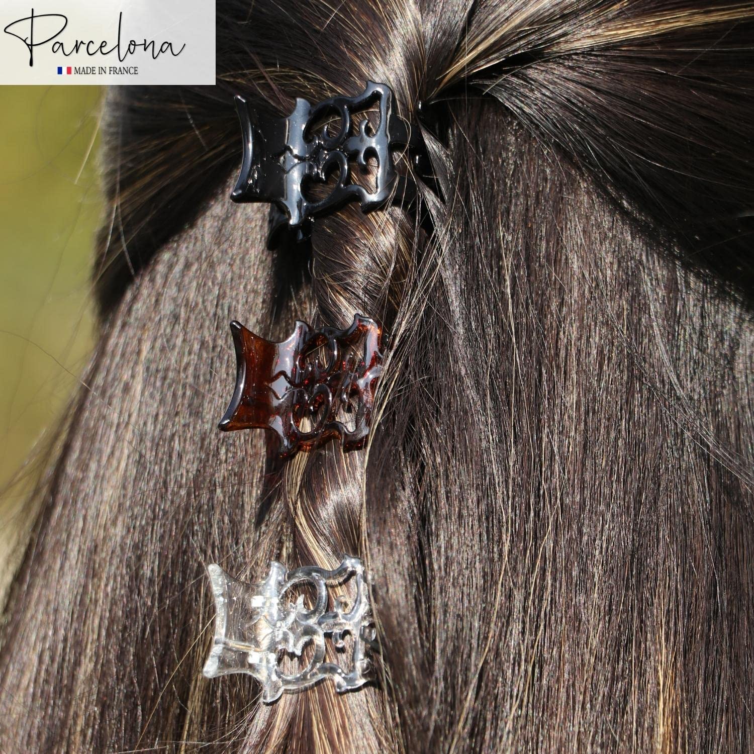 Parcelona French Intricate 3 Mini Small Claw Black N Shell N Clear Celluloid Approx. 1 Inch Jaw Hair Claw Clip Clutcher Clamp for Women and Girls