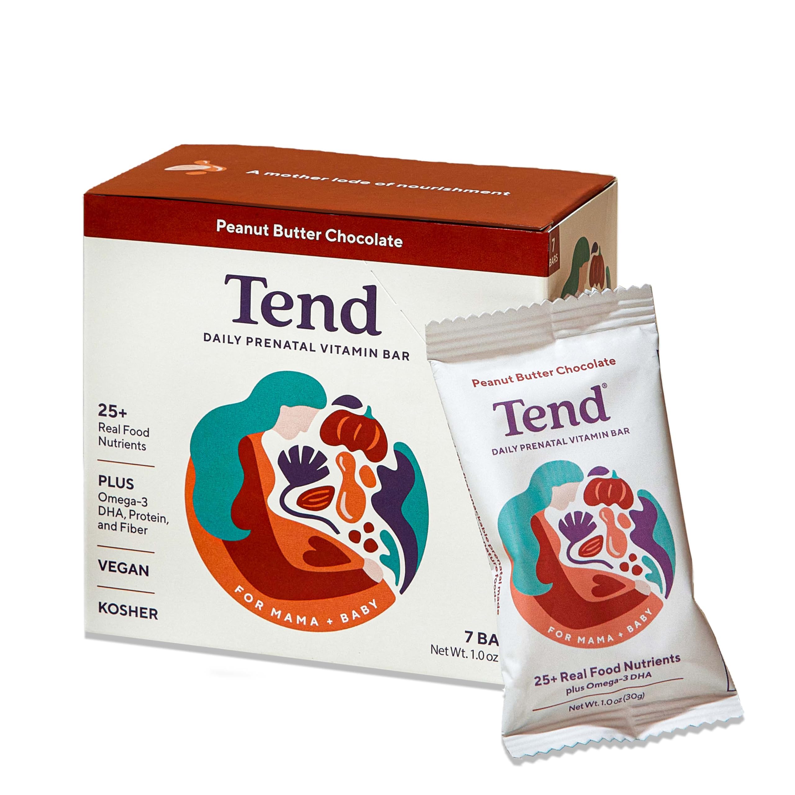 Tend Daily Best Prenatal Vitamin Bar, Made with Organic Ingredients for Pregnant & Postpartum Mothers, Includes DHA, Vitamin D, Folate, Sunflower Lecithin, Peanut Butter Chocolate Flavor (7 ct)
