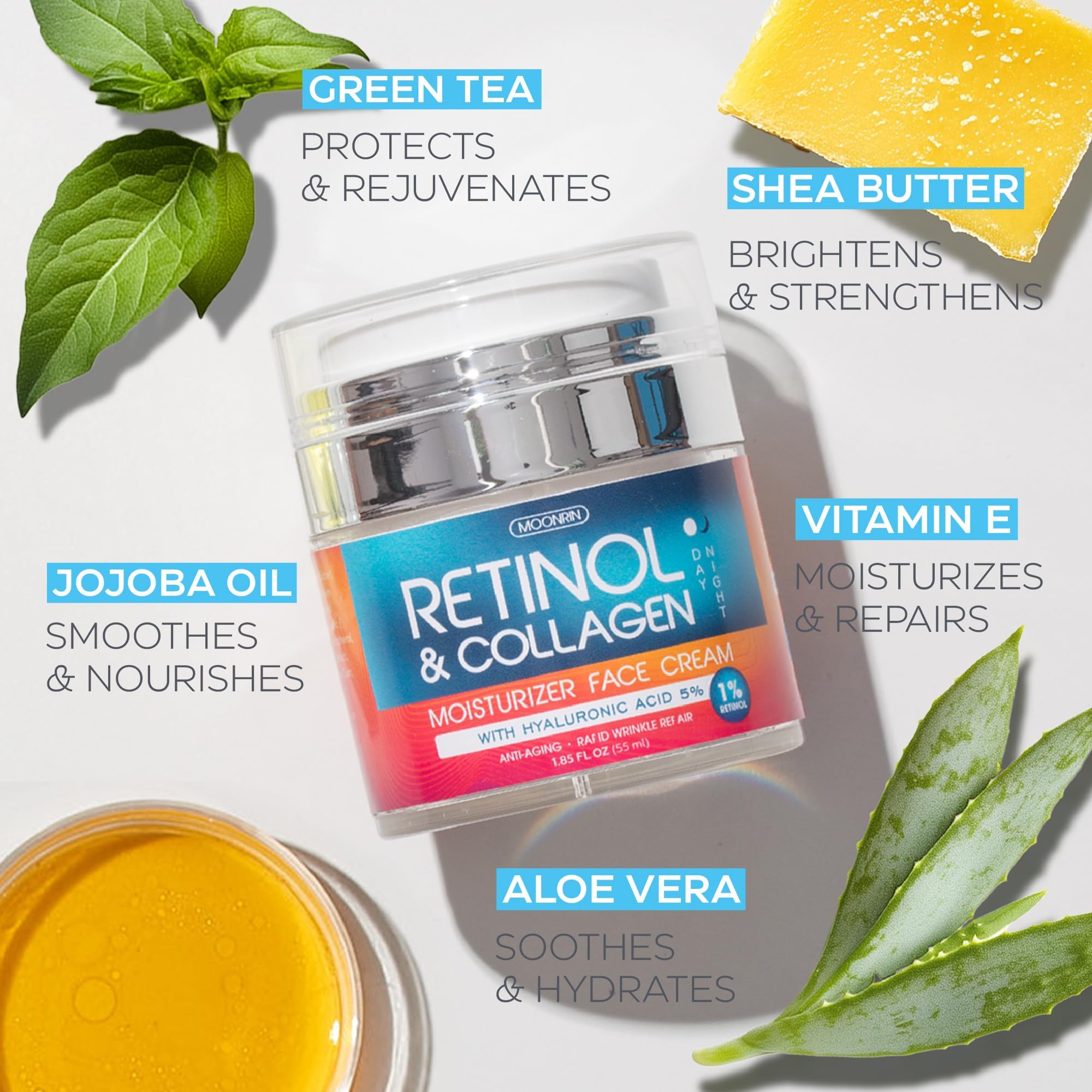 Retinol Cream for Face with Hyaluronic Acid, Day-Night Anti-Aging Moisturizer for Women, Men, Collagen Cream for Face Reduces Wrinkles, Dryness, 1.85 Oz