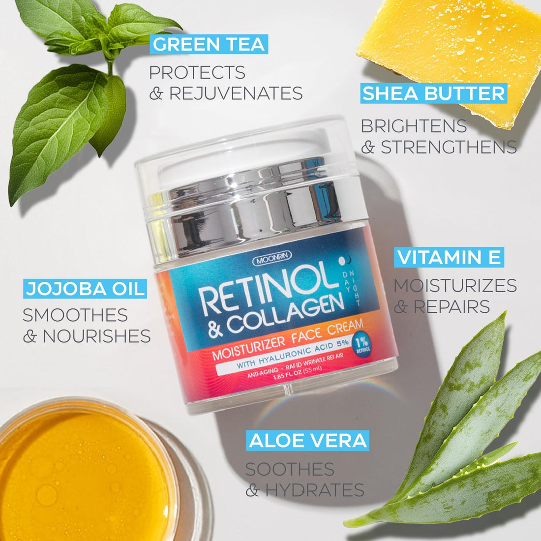 Retinol Cream for Face with Hyaluronic Acid, Day-Night Anti-Aging Moisturizer for Women, Men, Collagen Cream for Face Reduces Wrinkles, Dryness, 1.85 Oz