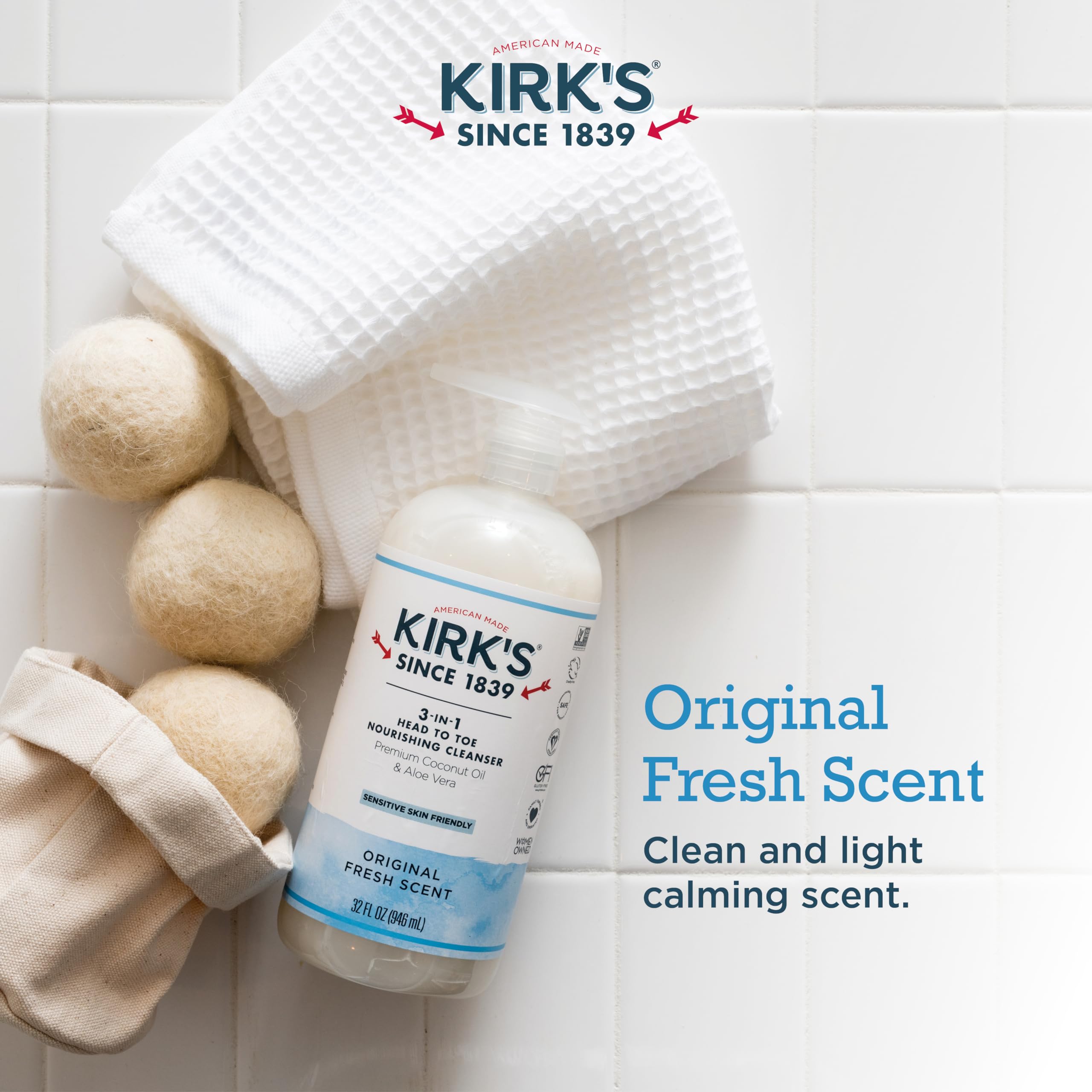 3-in-1 Castile Liquid Soap by Kirkââ‚¬â„¢s | Head-to-Toe Natural Shampoo, Face Soap & Body Wash for Men, Women & Children | Coconut Oil + Aloe Vera | Original Fresh Scent | 32 Fl Oz. Pump Bottle