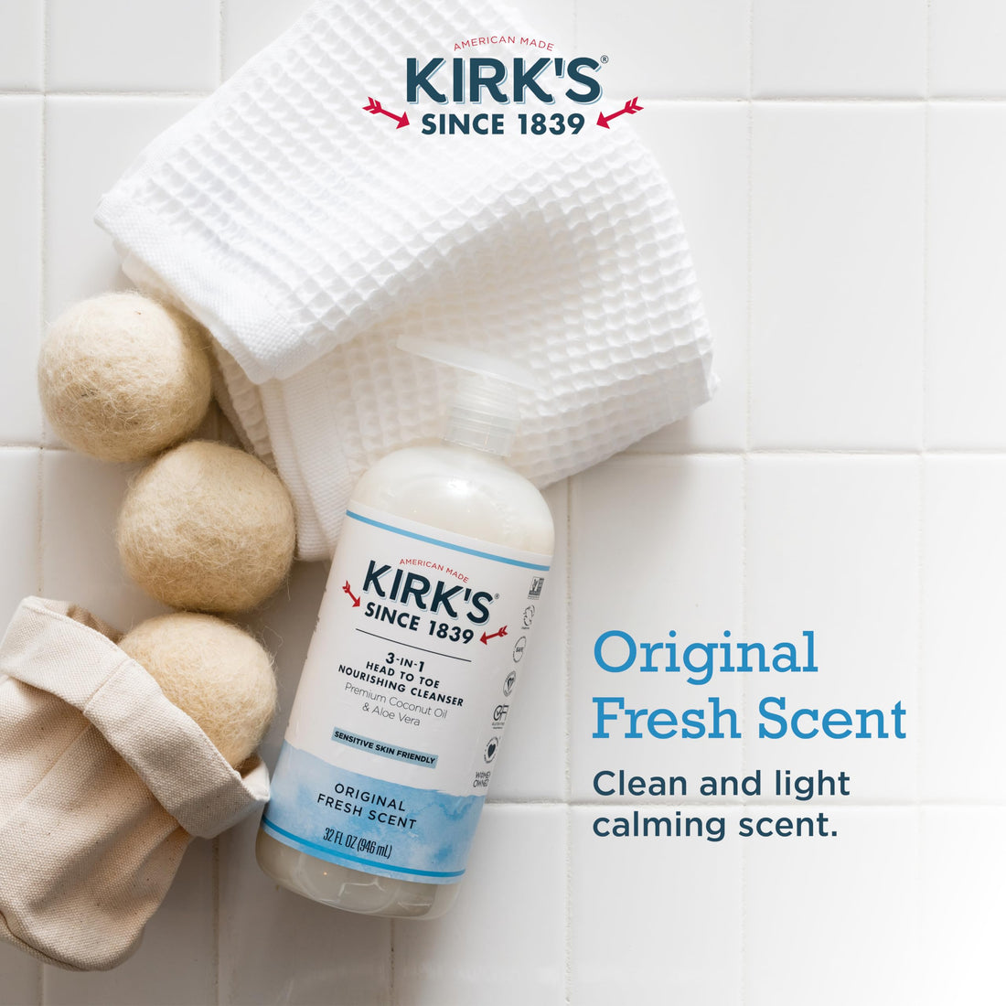 3-in-1 Castile Liquid Soap by Kirkââ‚¬â„¢s | Head-to-Toe Natural Shampoo, Face Soap & Body Wash for Men, Women & Children | Coconut Oil + Aloe Vera | Original Fresh Scent | 32 Fl Oz. Pump Bottle