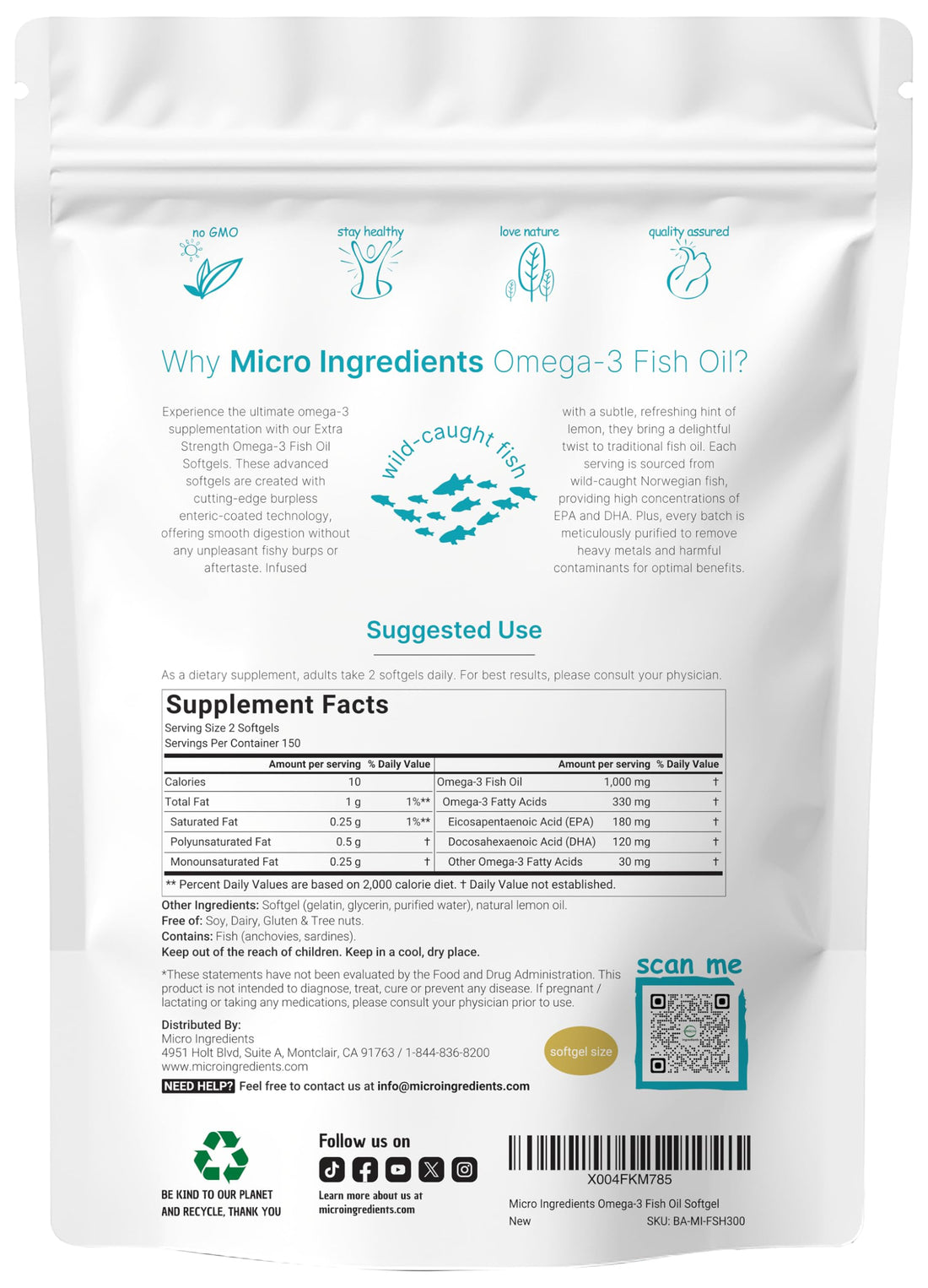 Extra Strength Omega 3 Fish Oil Supplements 1,000mg Per Serving, 300 Softgels | Lemon Flavored | Burpless | EPA 180mg + DHA 120mg | Deep Sea Fish