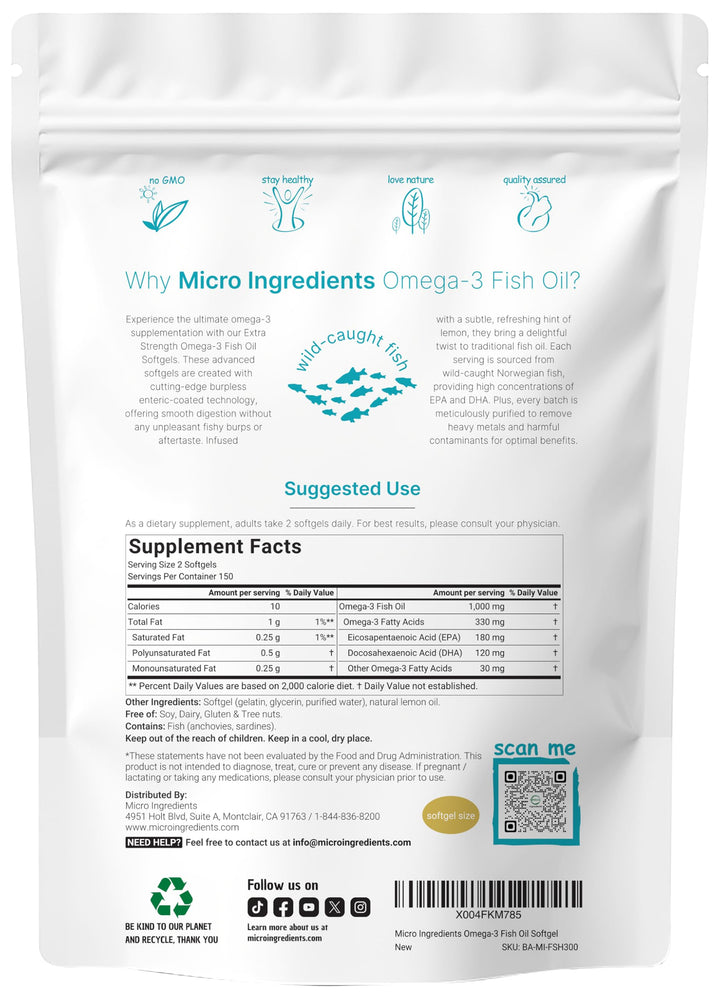 Extra Strength Omega 3 Fish Oil Supplements 1,000mg Per Serving, 300 Softgels | Lemon Flavored | Burpless | EPA 180mg + DHA 120mg | Deep Sea Fish