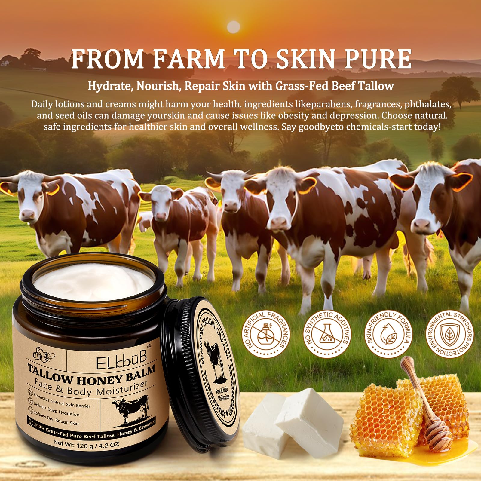 ELBBUB Whipped Tallow Cream for Face & Body - 100% Grass-Fed Beef Tallow, Natural Honey & Beeswax Moisturizer, Deep Hydration & Nourishment, Oil-Free & Unscented, Fast Absorbing