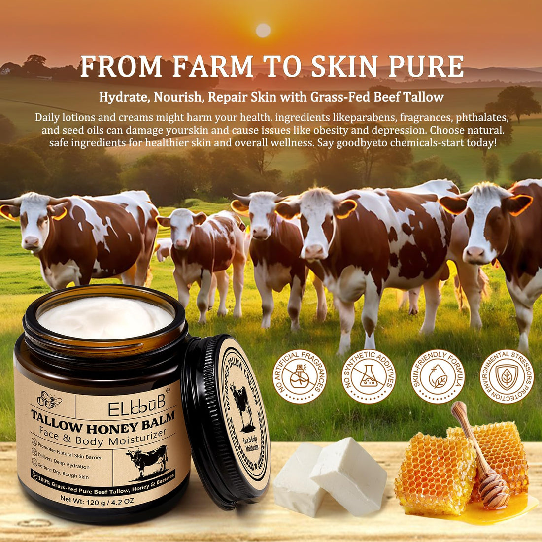 ELBBUB Whipped Tallow Cream for Face & Body - 100% Grass-Fed Beef Tallow, Natural Honey & Beeswax Moisturizer, Deep Hydration & Nourishment, Oil-Free & Unscented, Fast Absorbing