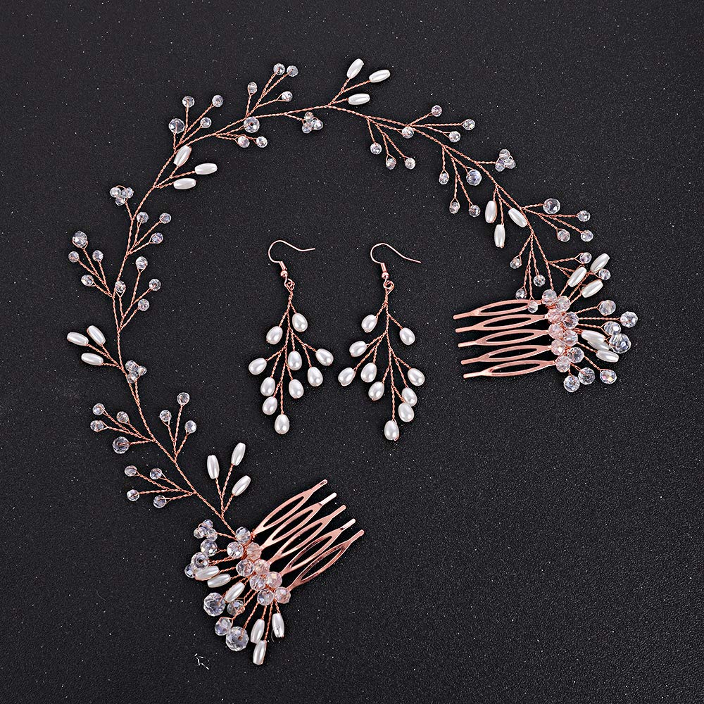 FXmimior Bride Hair Accessories Crystal Hair Vine Earrings Sets Headband Wedding Hair Comb Evening Party Hair Piece (rose gold) (headband& earrings)