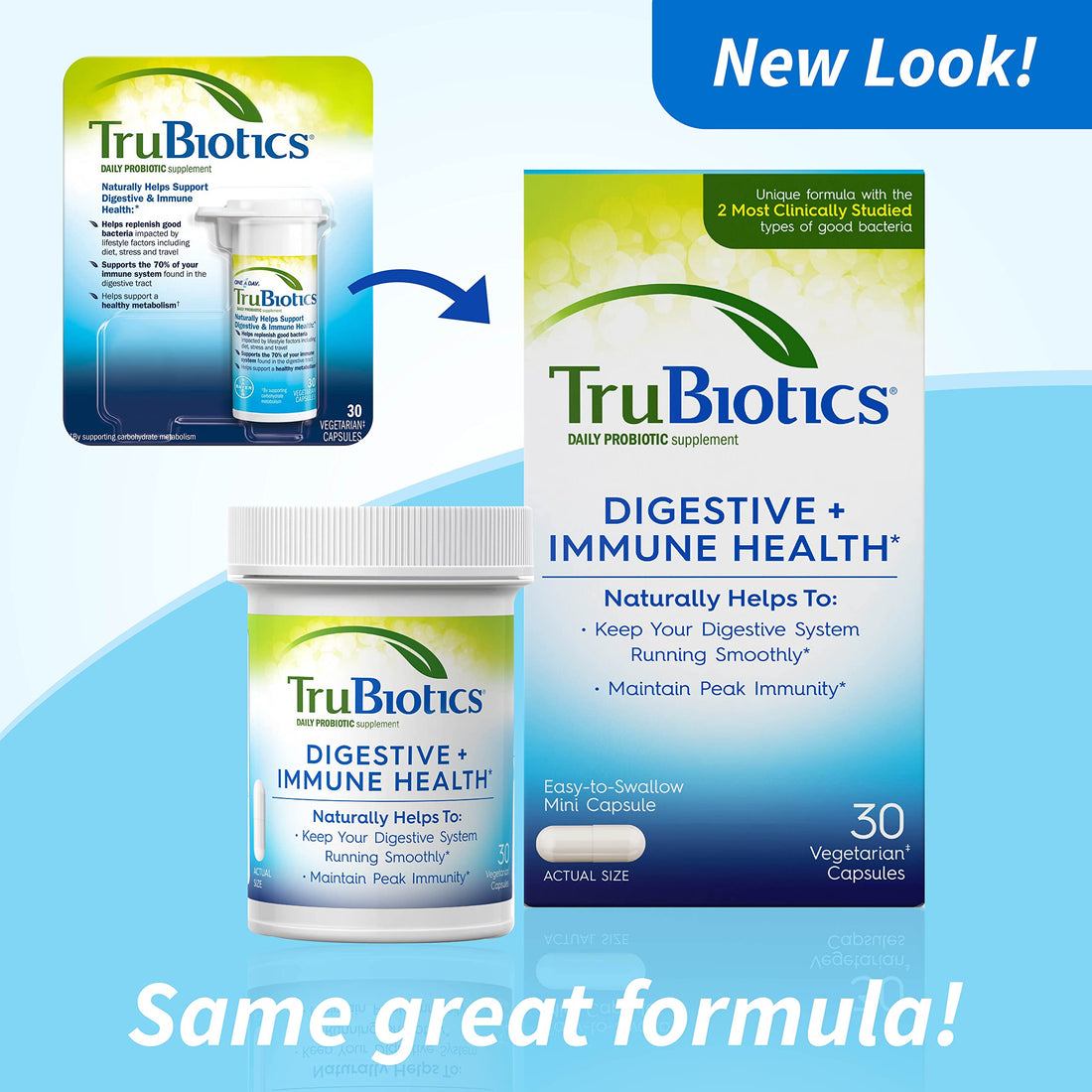 TruBiotics Probiotics for Digestive & Immune Health, Supports Regularity & Helps Relieve Abdominal Discomfort, Gas & Bloating, 2 Clinically Studied Probiotic Strains, Plus Prebiotics, 30 Capsules