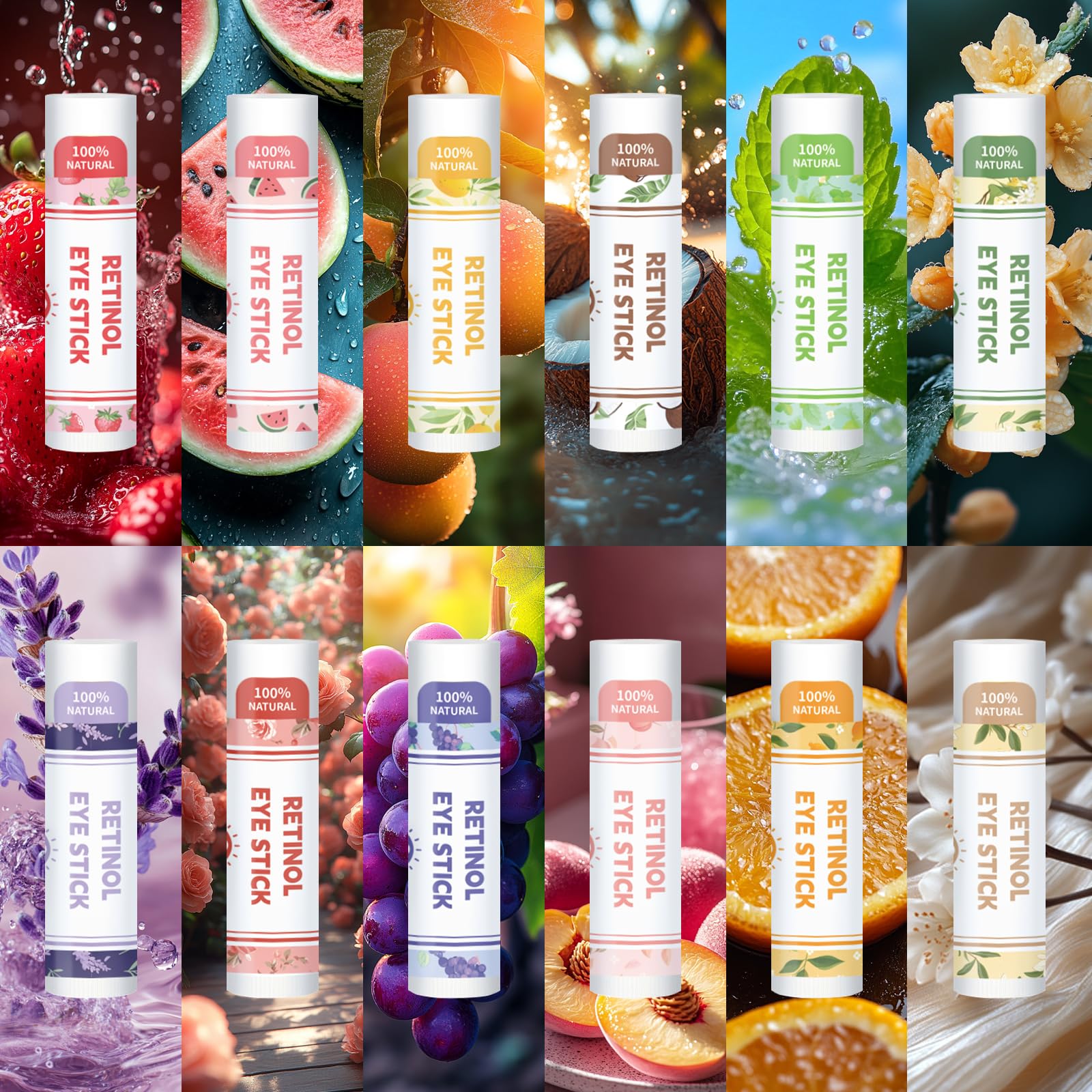 Radiia Retinol Eye Stick Balm for Dark Circles & Wrinkles: Hydrating Anti-Aging Treatment with Hyaluronic Acid, 12 Plant Scents, Visible Results in 4 Weeks, 24PCS Luxury Gift Set