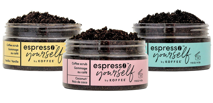 Koffee Beauty Espresso Yourself Iconic Trio - Exfoliating Body And Face Scrub Set - Polish And Smooth Skin With Ease - Invigorate Senses With Coconut, Vanilla, And Mint Fragrance Formula - 3 Pc