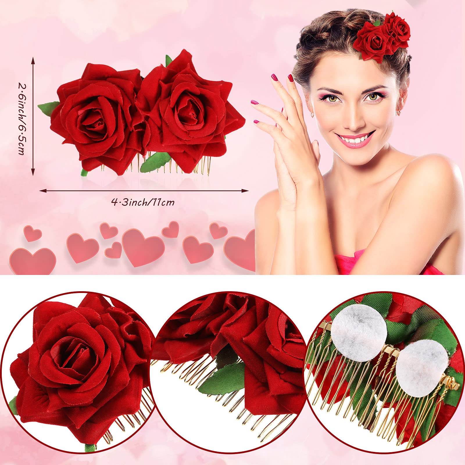 6 Pieces Rose Hair Clip Flower Hairpin Rose Flower Hair Clip Comb Flower Hairpin Rose Brooch Floral Clips Women Rose Flower Hair Accessories Wedding Hair Clip Flamenco Dancer for Women Girls, 3 Styles