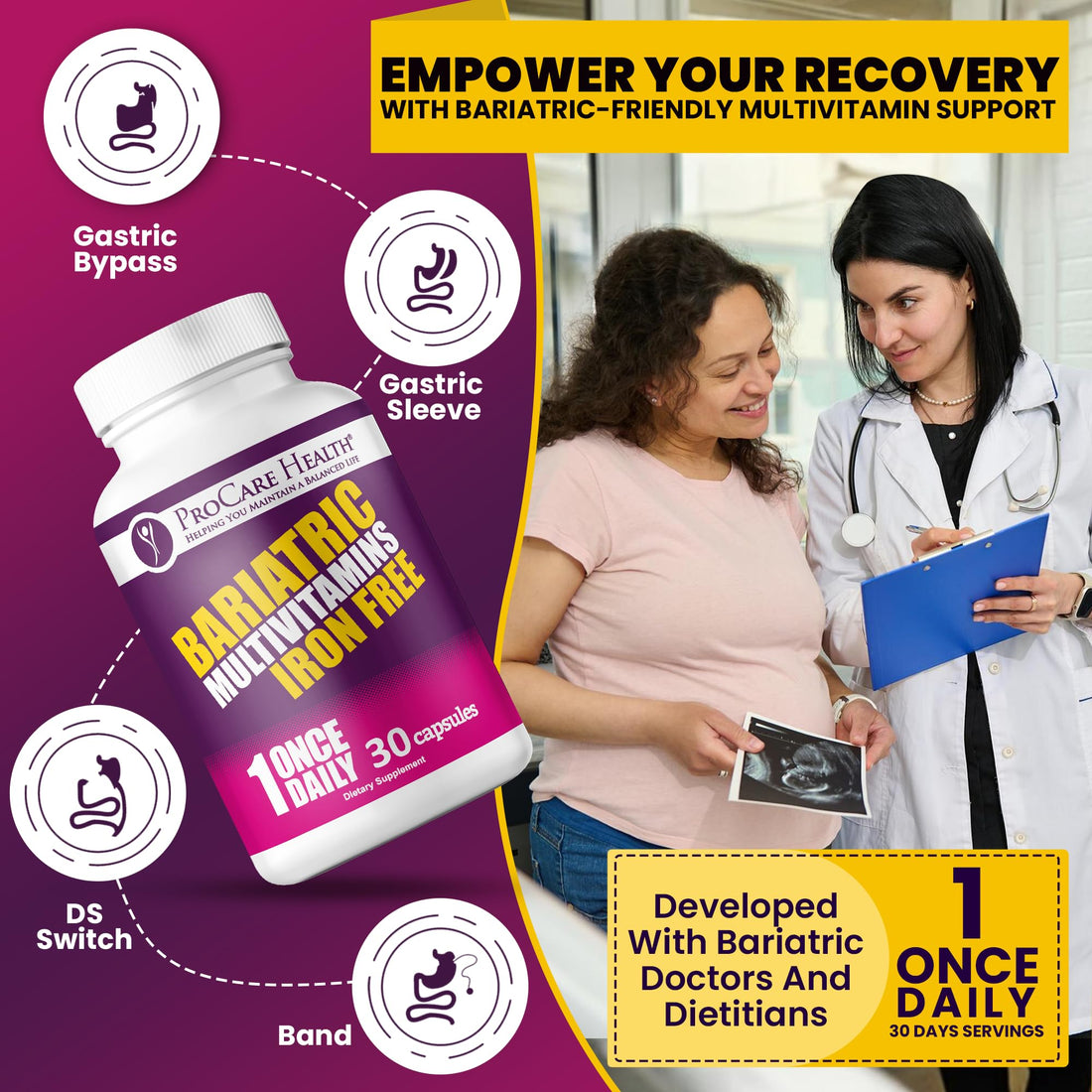 Procare Health Bariatric Multivitamin with Iron Free (30 Fast Dissolving Veggie Capsule) - Bariatric Vitamins for Gastric Sleeve & Gastric Bypass, Bariatric Multivitamin Without Iron (1 Month Supply)*