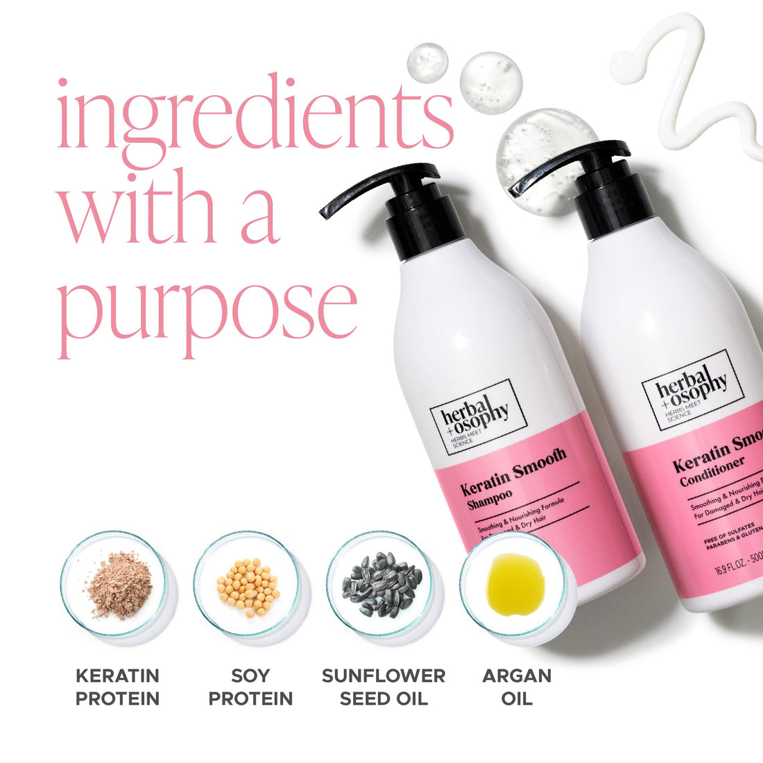 Herbalosophy Keratin Shampoo & Conditioner Set, Nourishing & Moisturizing Formula for Damaged & Dry Hair, Highly Hydrate & Repair for Color Treated Hair, Sulfate,Parabens & Gluten Free, 2 x 16.9 Fl Oz