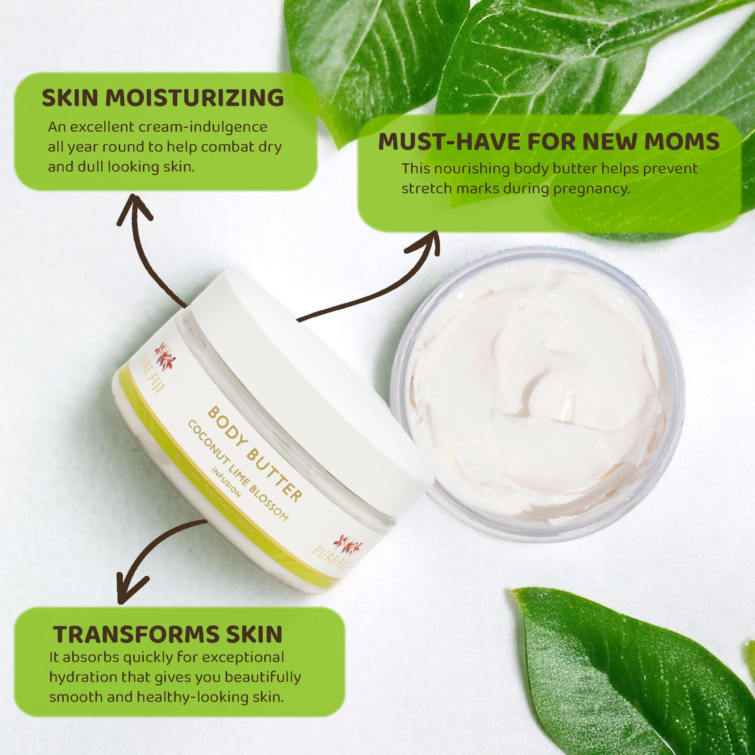 Pure Fiji Hydrating Body Butter - Natural Body Butter with Coconut, Dilo, Macadamia, Sikeci Oil, Coconut Lime Blossom, 8 oz