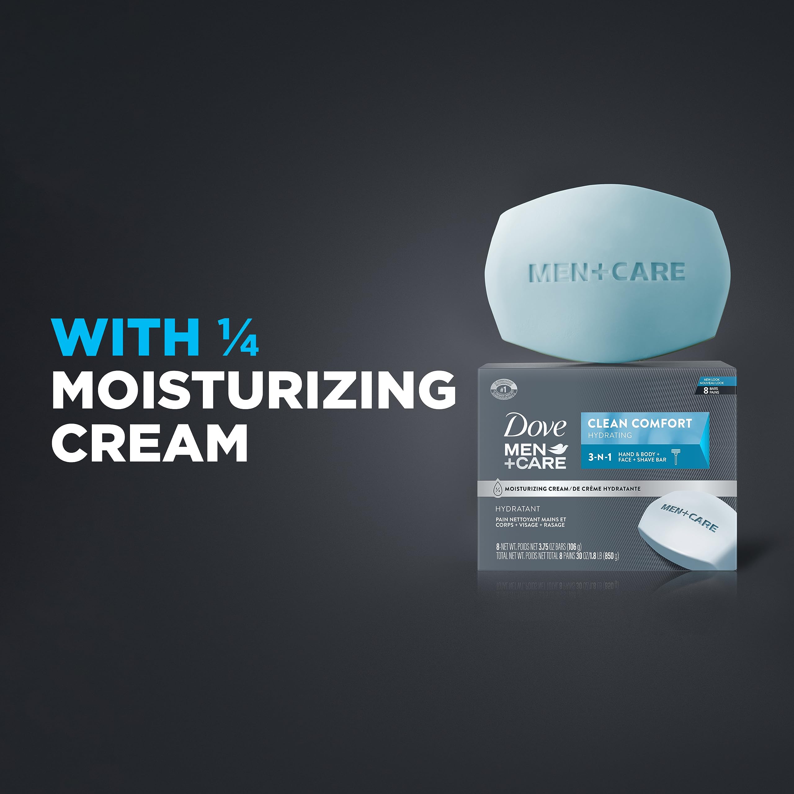 DOVE MEN + CARE Body and Face Bar Bars To Clean and Hydrate Skin Body and Facial Cleanser More Moisturizing Than Bar Soap 8 Count(Pack of 9)