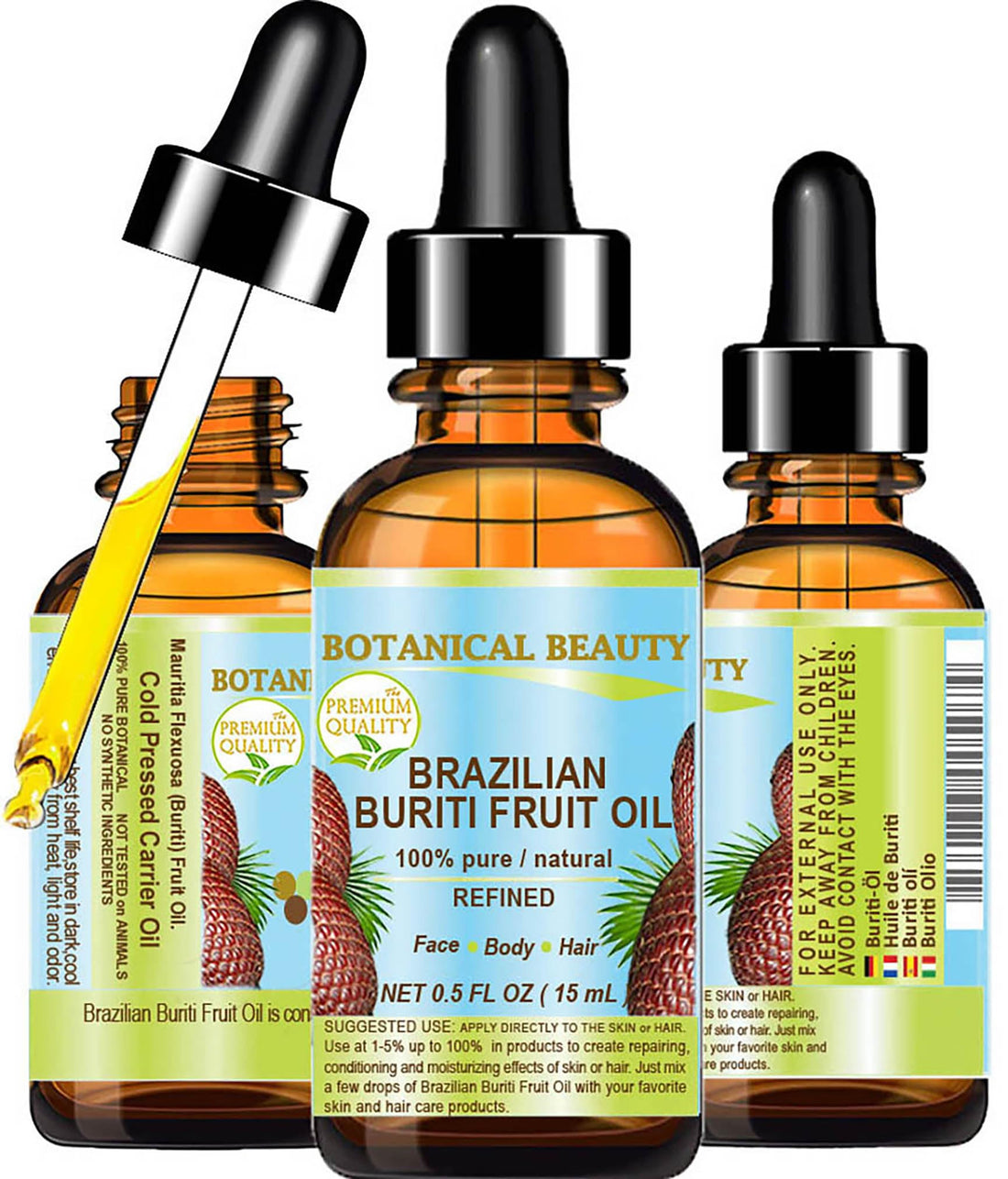 BURITI FRUIT OIL Brazilian. 100% Pure/Natural/REFINED Undiluted Cold Pressed Carrier Oil For Face, Body, Hair, Lip and Nail Care. 0.5 fl oz- 15 ml. One the richest natural source of vitamin A,
