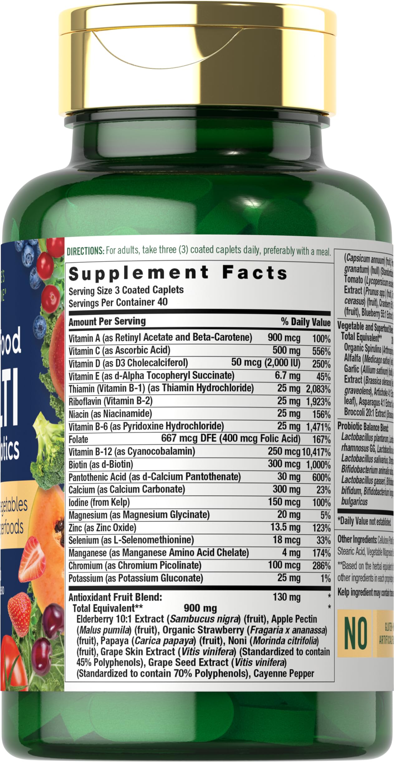 Nature's Fortune Whole Food Multivitamin with Probiotics | 120 Coated Caplets | Made with 20 Fruits and Vegetables | Non-GMO & Gluten Free Supplement