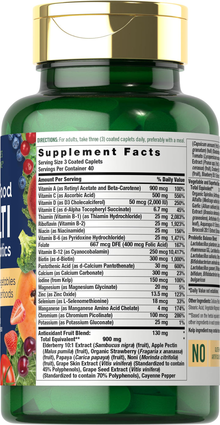 Nature's Fortune Whole Food Multivitamin with Probiotics | 120 Coated Caplets | Made with 20 Fruits and Vegetables | Non-GMO & Gluten Free Supplement