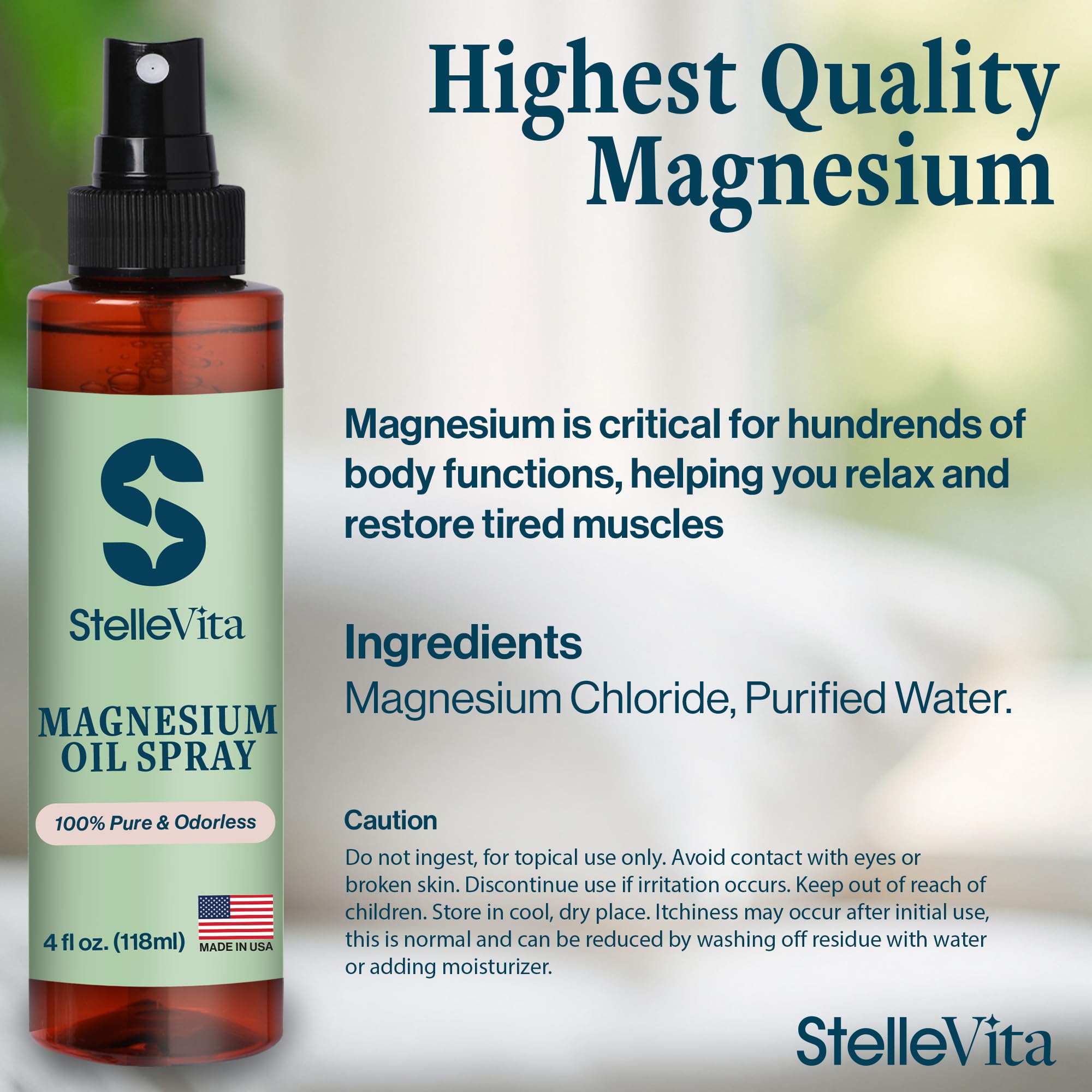 StelleVita Pure Magnesium Oil Spray 4oz - Extra Strength Topical Magnesium Spray for Feet, Body & Skin Care - Sleep and Relaxation 100% Natural Made in USA