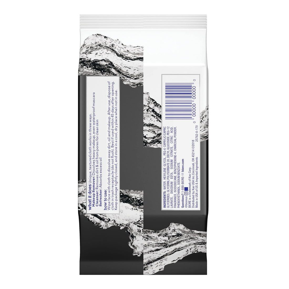 Biore Charcoal Makeup Removing Cloths, with Micellar Cleansing Water, No-rinse Makeup and Oil Removal, for Oily Skin, 25 Count