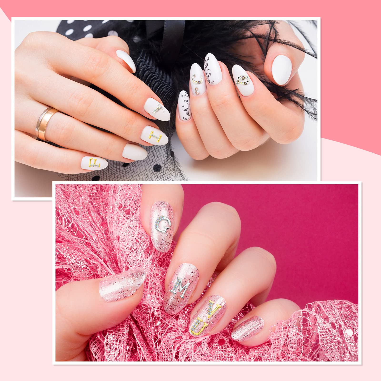 104 Pieces Letter Nail Studs 3D Capital Letters and Rhinestone Crystal Nail Decals English Alphabet Nail Art Decoration for Women Girls DIY Nail Art (Gold, Silver)