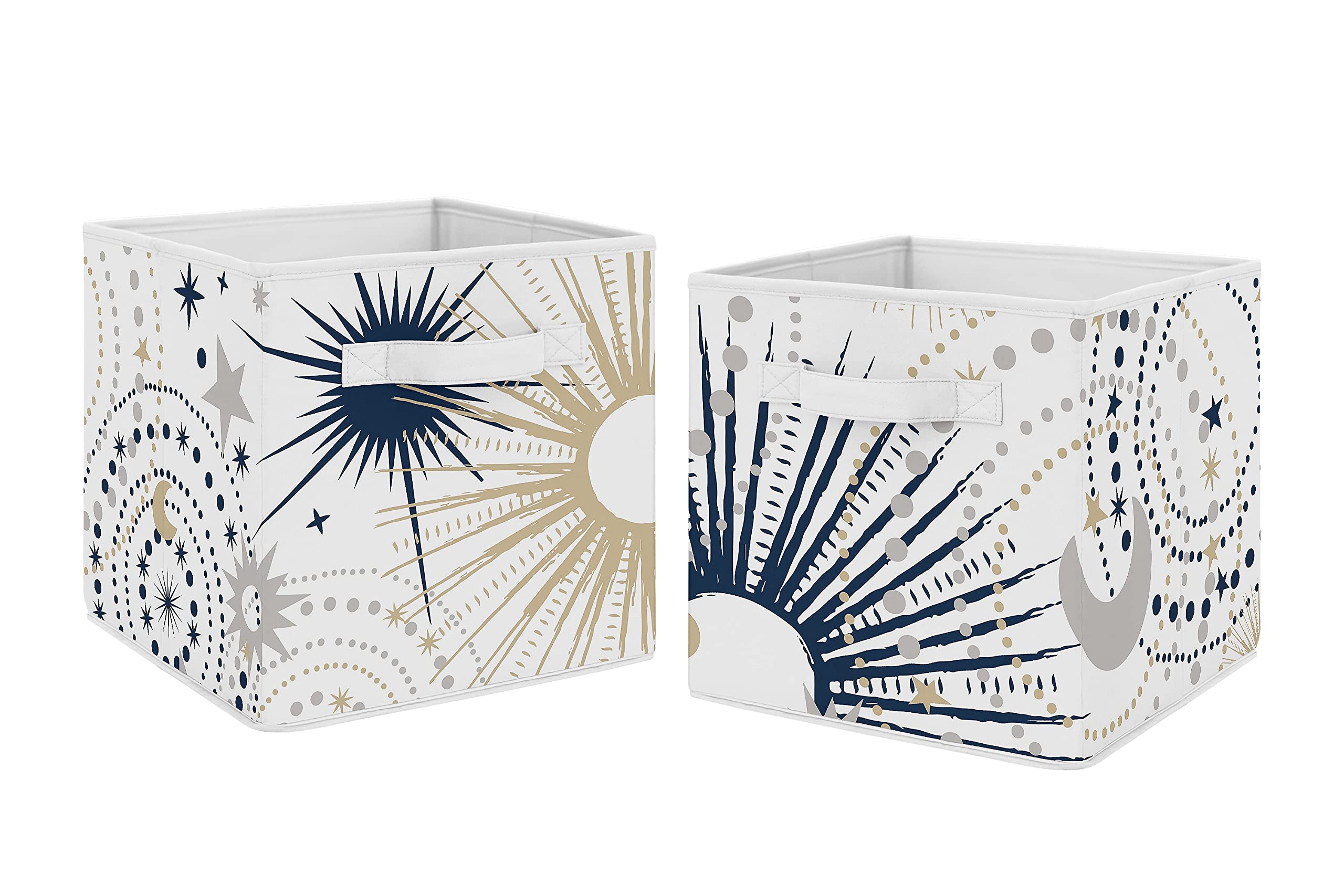 Sweet Jojo Designs Star and Moon Foldable Fabric Storage Cube Bins Boxes Organizer Toys Kids Baby Childrens - Set of 2 - Navy Blue, Gold, and Grey Celestial Sky Stars Gender Neutral Unisex