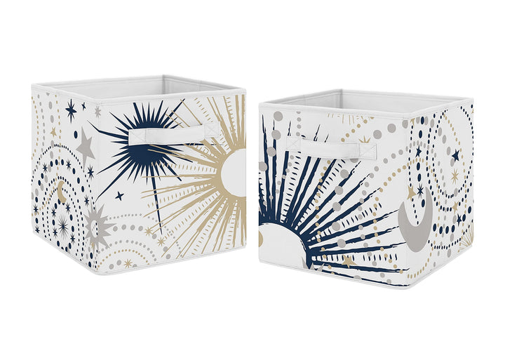 Sweet Jojo Designs Star and Moon Foldable Fabric Storage Cube Bins Boxes Organizer Toys Kids Baby Childrens - Set of 2 - Navy Blue, Gold, and Grey Celestial Sky Stars Gender Neutral Unisex