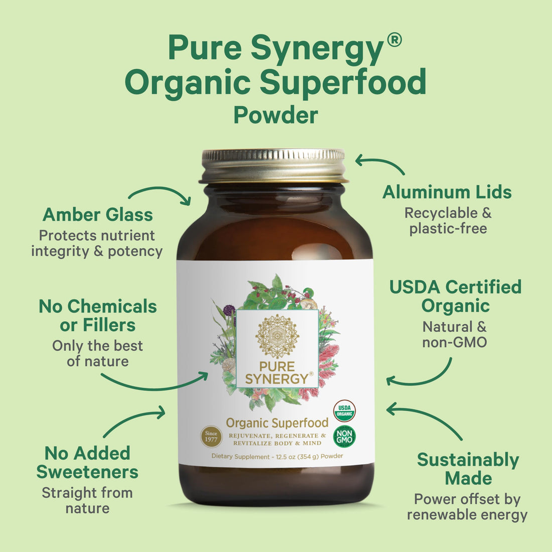 PURE SYNERGY Organic Superfood Powder | Organic Green Superfood Powder | Whole Food Supplement with Organic Greens, Spirulina and Mushrooms | for Energy, Healthy Aging, and Immune Health (12.5 oz)