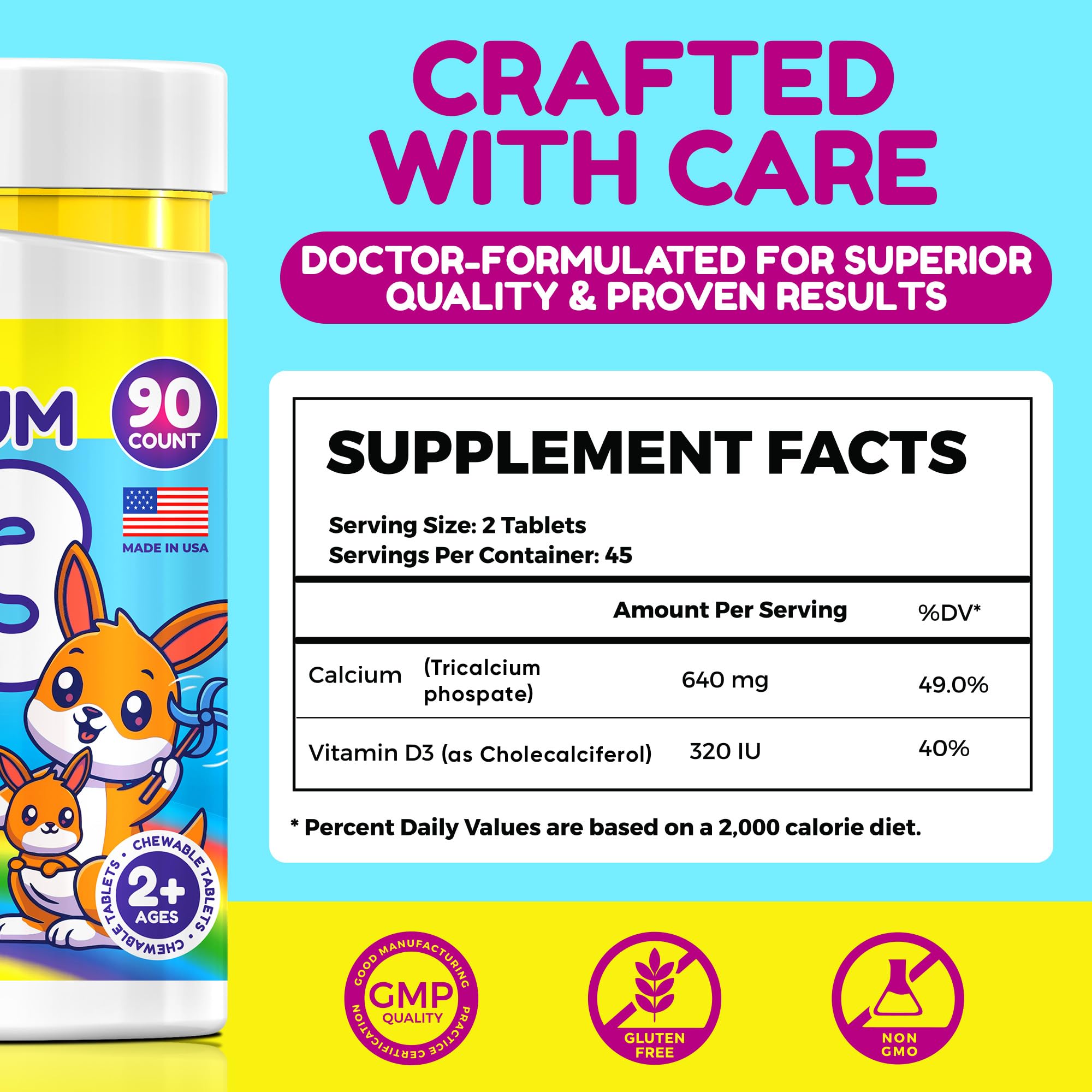 Vita Guard Calcium D3 Chewable Tablets for Kids – 640 mg Calcium & 320 IU Vitamin D3 – Non-GMO, Organic – Milk Flavor – Bone & Teeth Support Supplement – 90 Tablets for Ages 2+