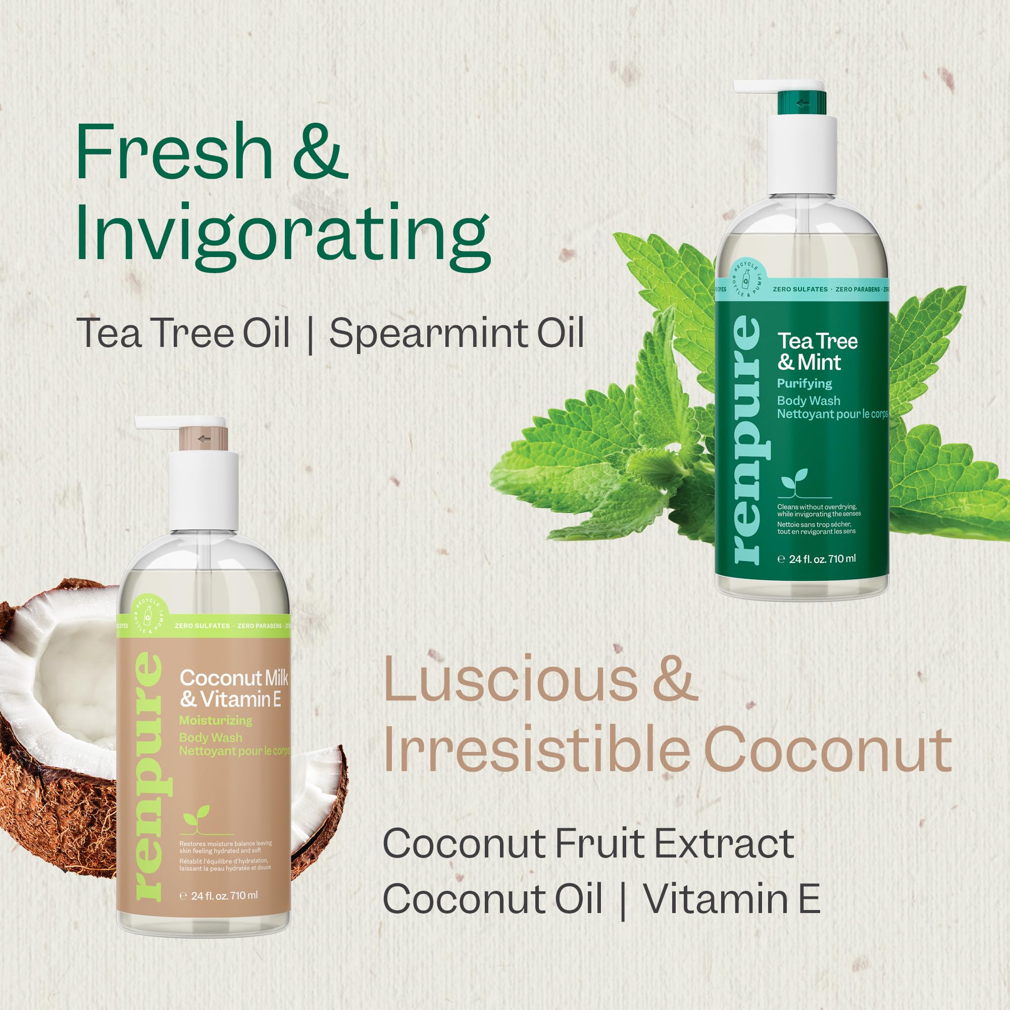 RENPURE LLC Tea Tree Mint Oil & Coconut Vitamin E, Sulfate Free Moisturizing Body Wash For Dry Sensitive Skin, Antibacterial Body & Hand Soap For Men Women Kids & Toddlers, White, 24 Oz