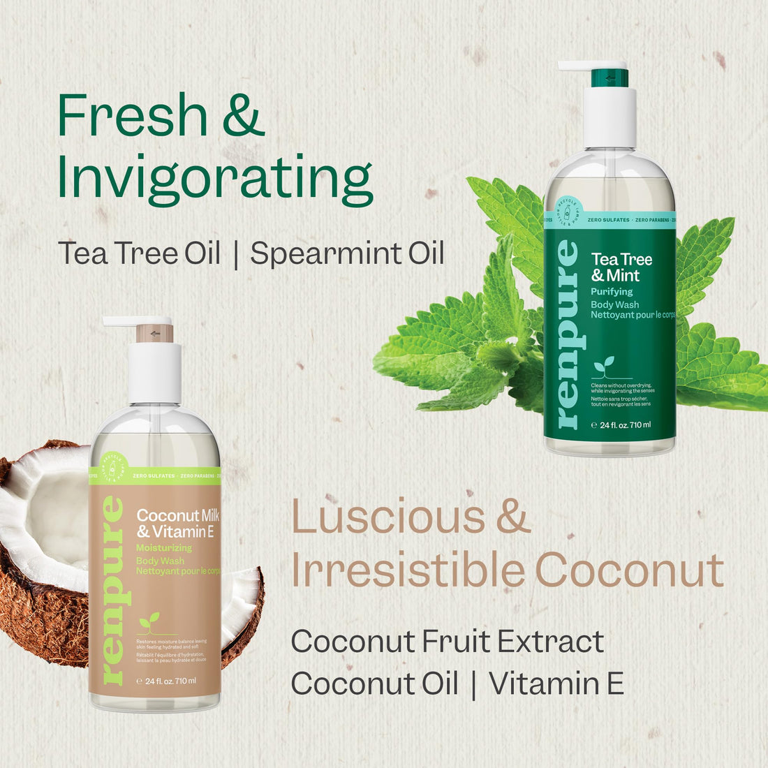 RENPURE LLC Tea Tree Mint Oil & Coconut Vitamin E, Sulfate Free Moisturizing Body Wash For Dry Sensitive Skin, Antibacterial Body & Hand Soap For Men Women Kids & Toddlers, White, 24 Oz