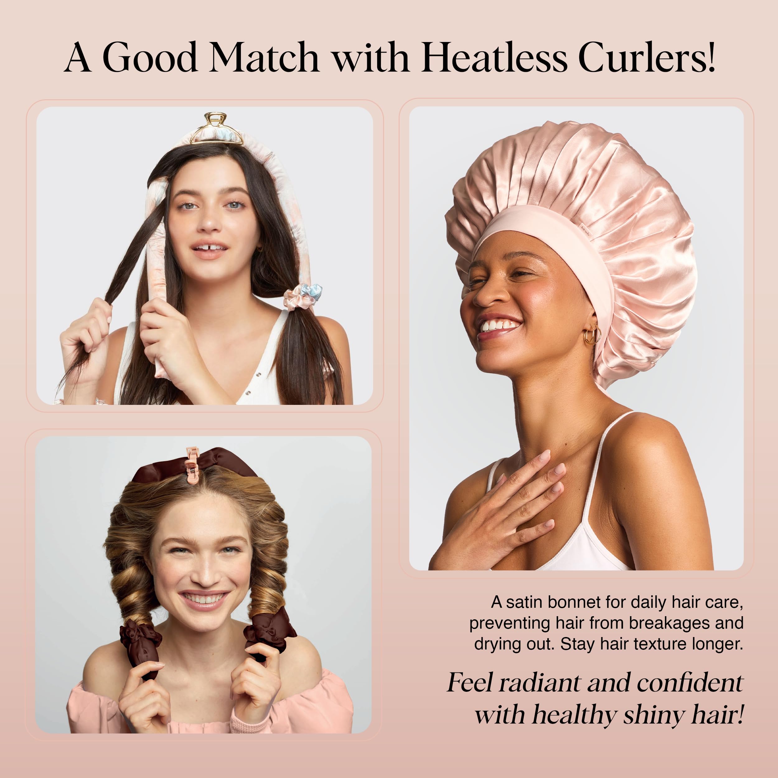 Kitsch XL Satin Bonnet for Sleeping - Softer Than Silk Hair Bonnet For Women - Secure Fit, Adjustable Night Cap For Curly & Textured Hair - Prevents Breakage, Tangles & Thinning - Blush