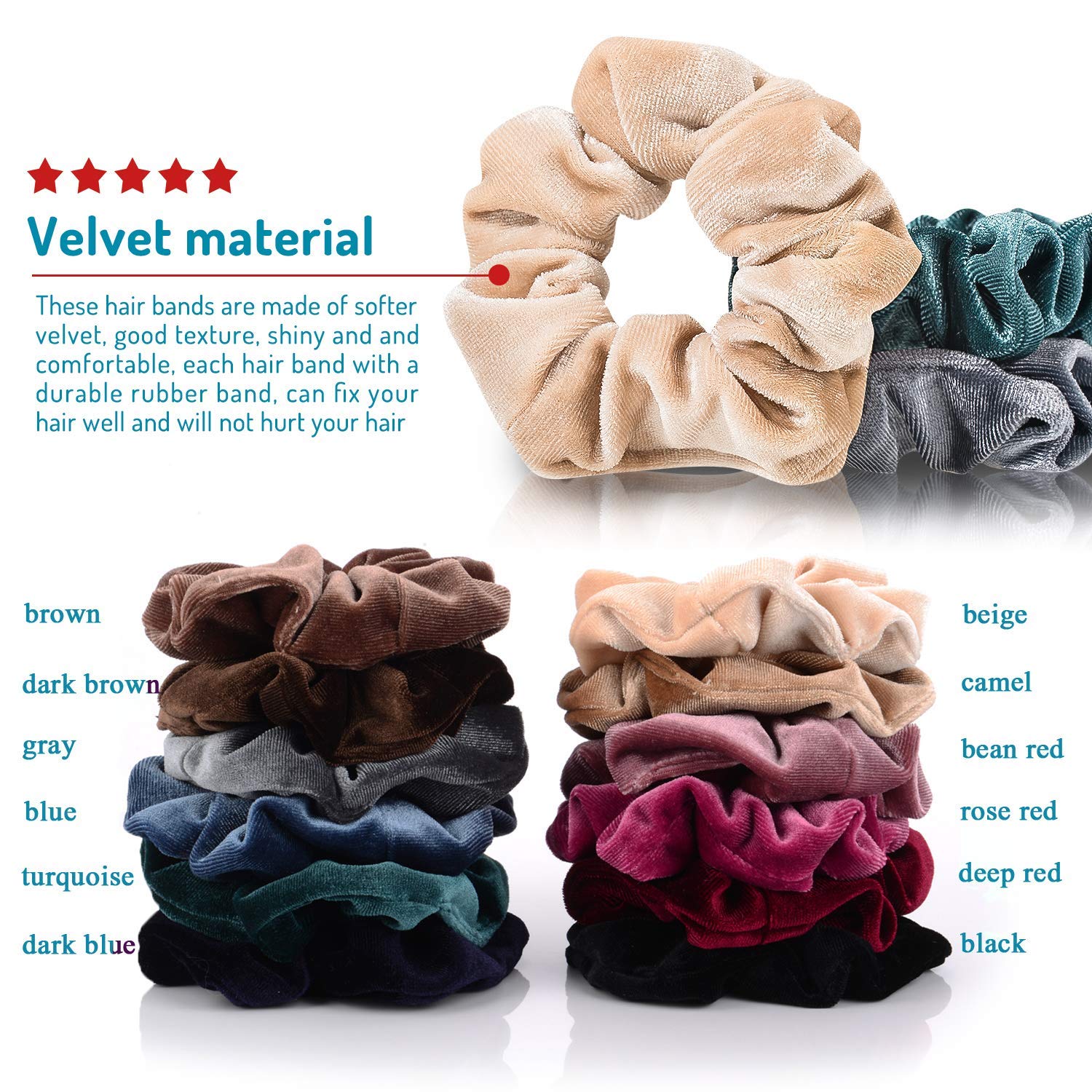 Whaline 12 Pieces Hair Scrunchies Velvet Elastics Scrunchy Bobbles Soft Hair Bands Hair Ties (12 Colors)