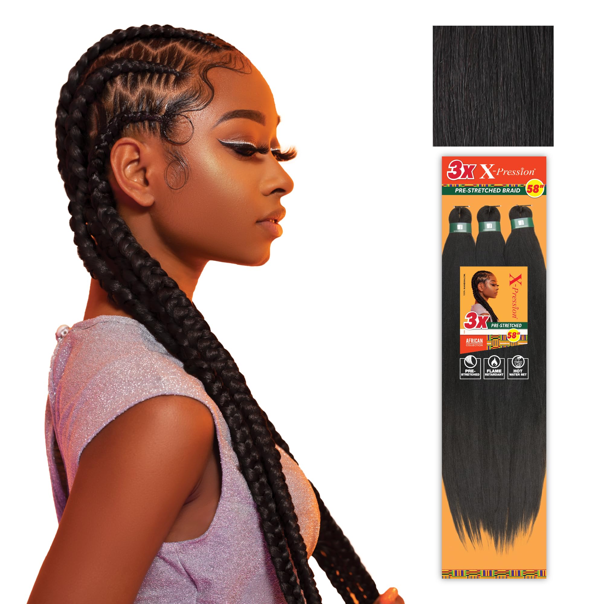 Sensationnel X-pression prestretched braiding hair - 3x braid 58 inch all kanekalon flame retardant synthetic braid for box braids and twists (1 pack, 1B OFFBLACK)