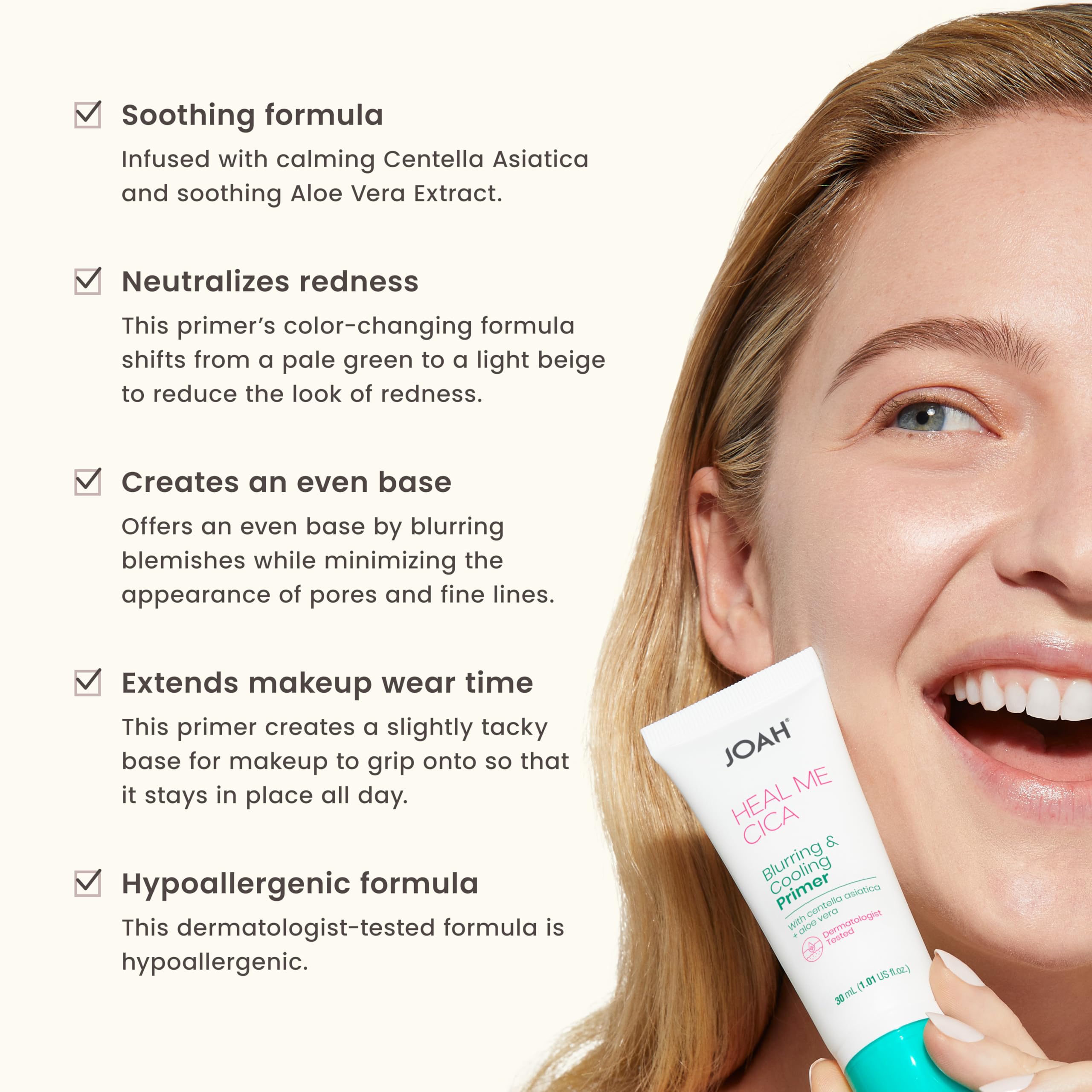JOAH Heal Me CICA Primer, Blurring & Cooling Aloe Vera Face Primer, Centella Asiatica to Reduce Redness, Help Calm Irritated Skin, Cruelty Free, 1.01 fl oz