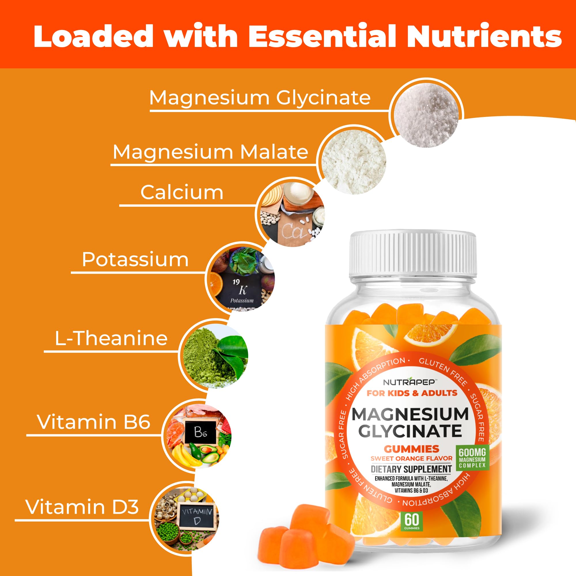 Magnesium Glycinate Gummies for Kids & Adults Women & Men - Sugar Free Gluten Free Non-GMO Vegan Chewable Supplement